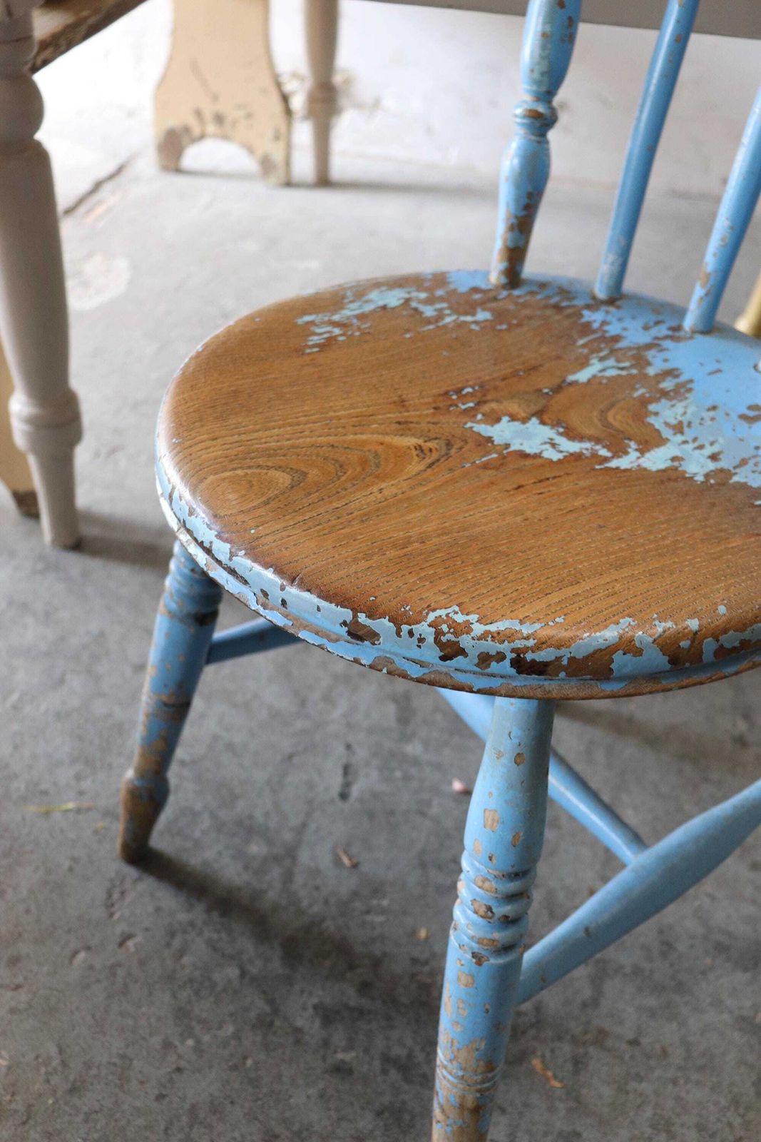 photo furniture Lovely Spindle Back Victorian Elm Penny Chair With Original Chippy Blue Paint