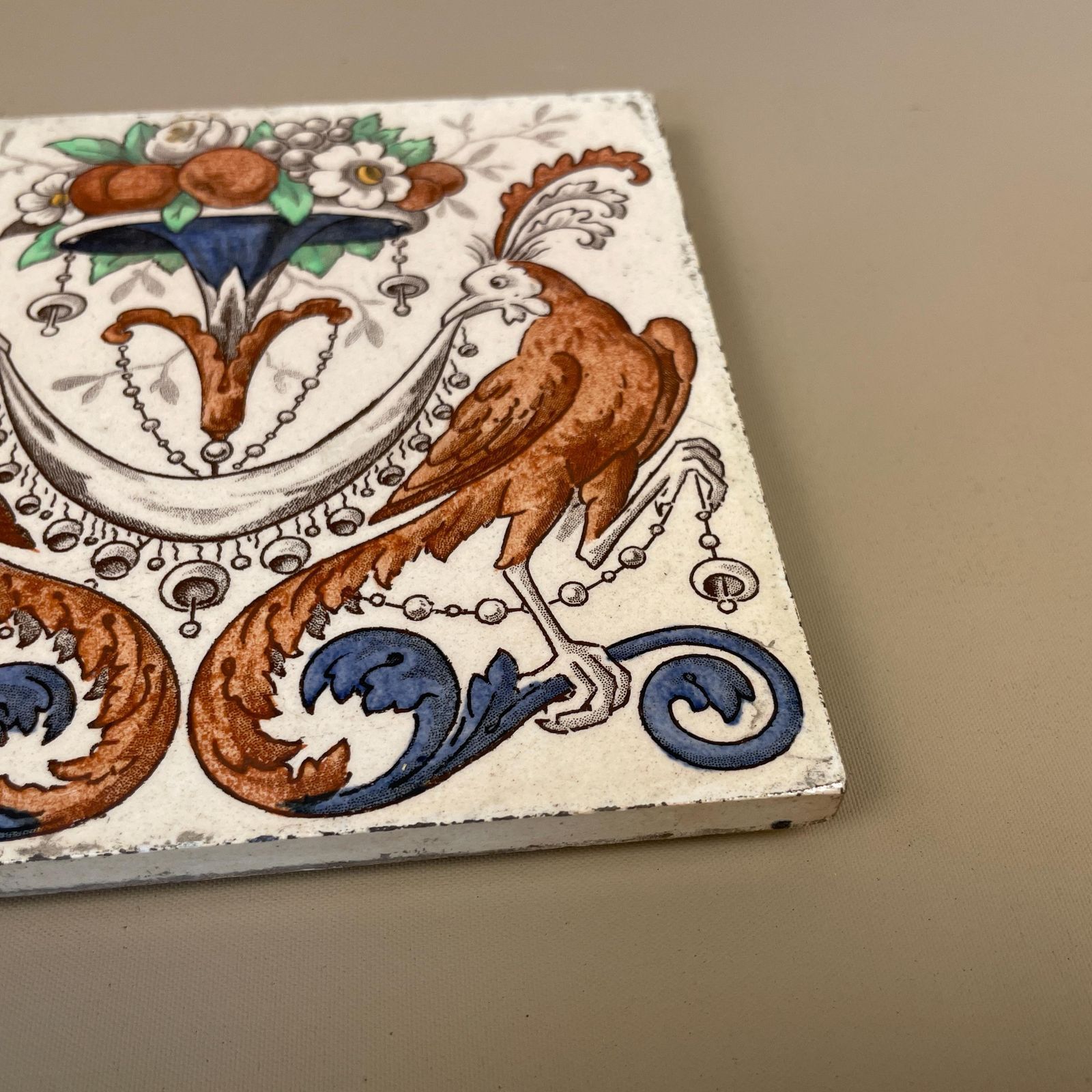 Antique Original Victorian Tile Ceramic Square Old Bird Pattern Placemat 15x15cm Coaster Patterned Decorative Vintage Coaster Plant Mat photo Home Fixtures