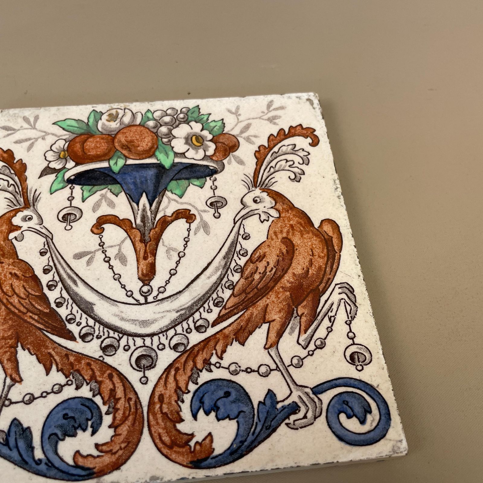 Antique Original Victorian Tile Ceramic Square Old Bird Pattern Placemat 15x15cm Coaster Patterned Decorative Vintage Coaster Plant Mat photo vinterior