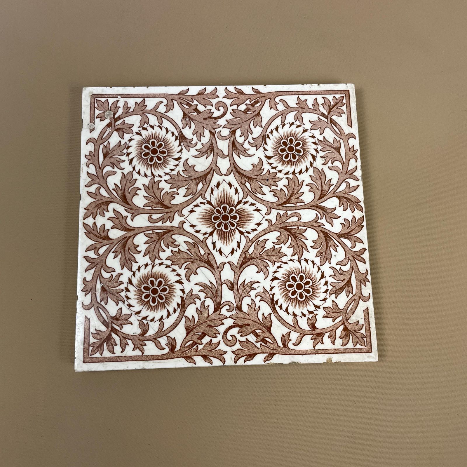 Antique Original Mintons Victorian Tile Ceramic Square Old Pattern Brown & Cream Placemat 15cm Coaster Patterned Decorative Vintage Mat