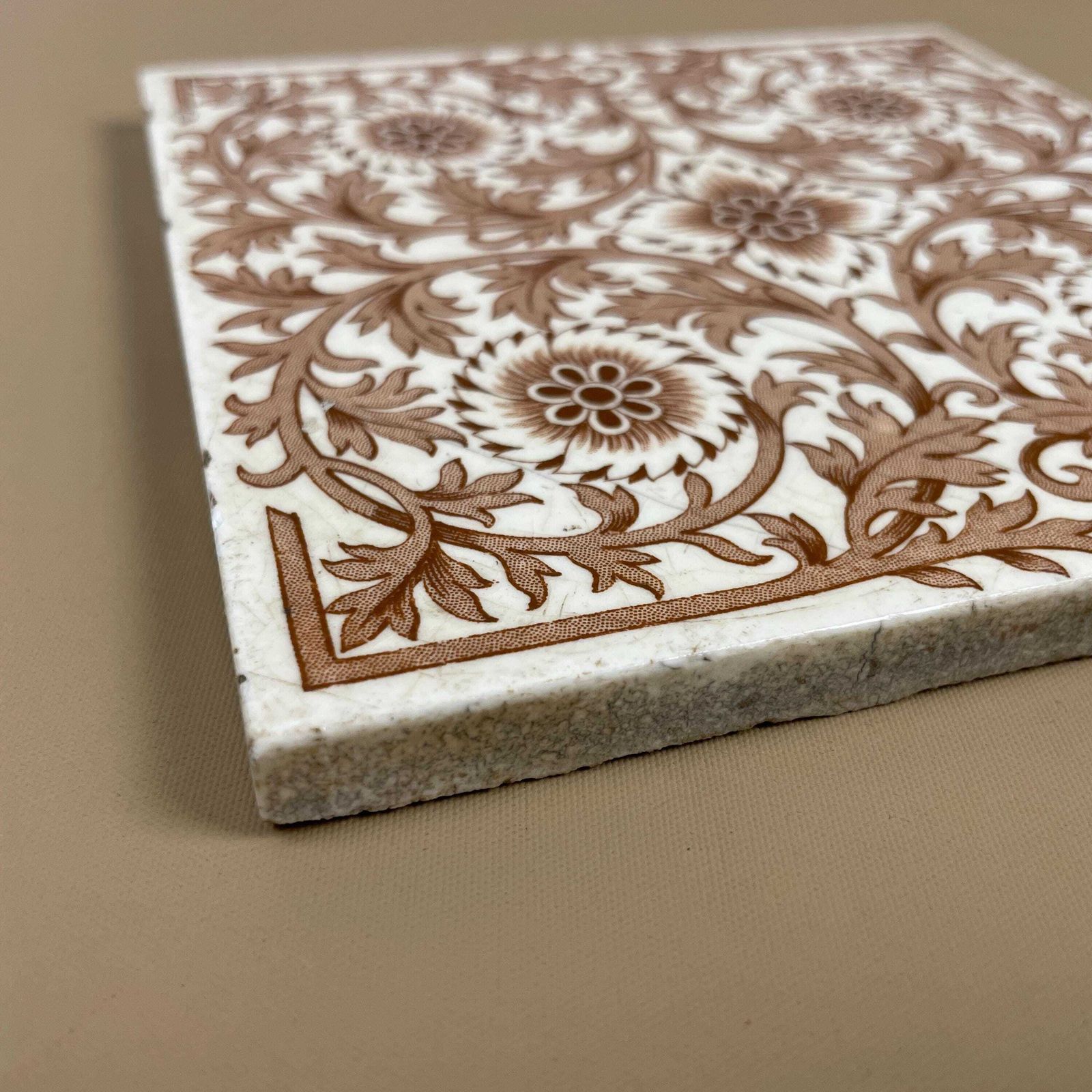 Antique Original Mintons Victorian Tile Ceramic Square Old Pattern Brown & Cream Placemat 15cm Coaster Patterned Decorative Vintage Mat photo for sale