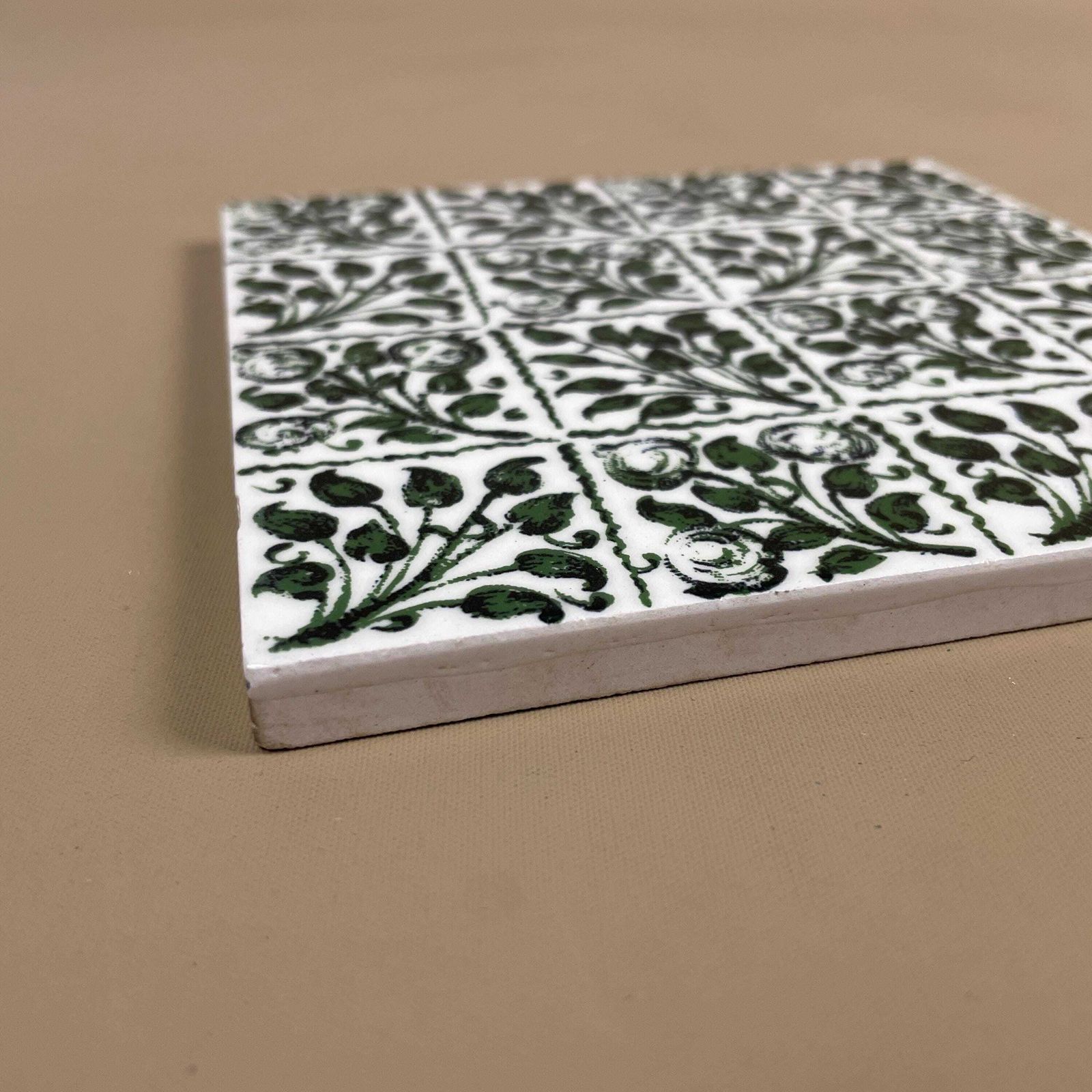 Antique Original Victorian Tile Ceramic Square Green Floral Repeated Pattern Coaster Placemat 15cm Coaster Patterned Decorative Vintage Mat photo for sale