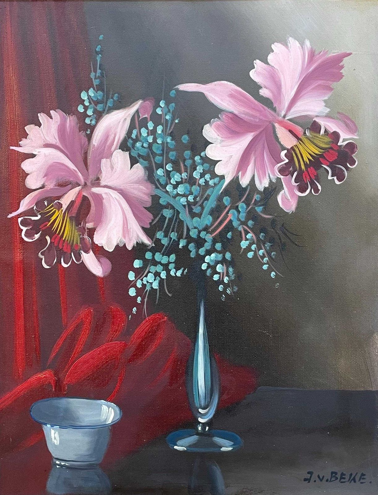 Stunning 1950s Pair Of Still Life Oil Paintings With Flower Motives In Pink And Yellow Colours photo vinterior