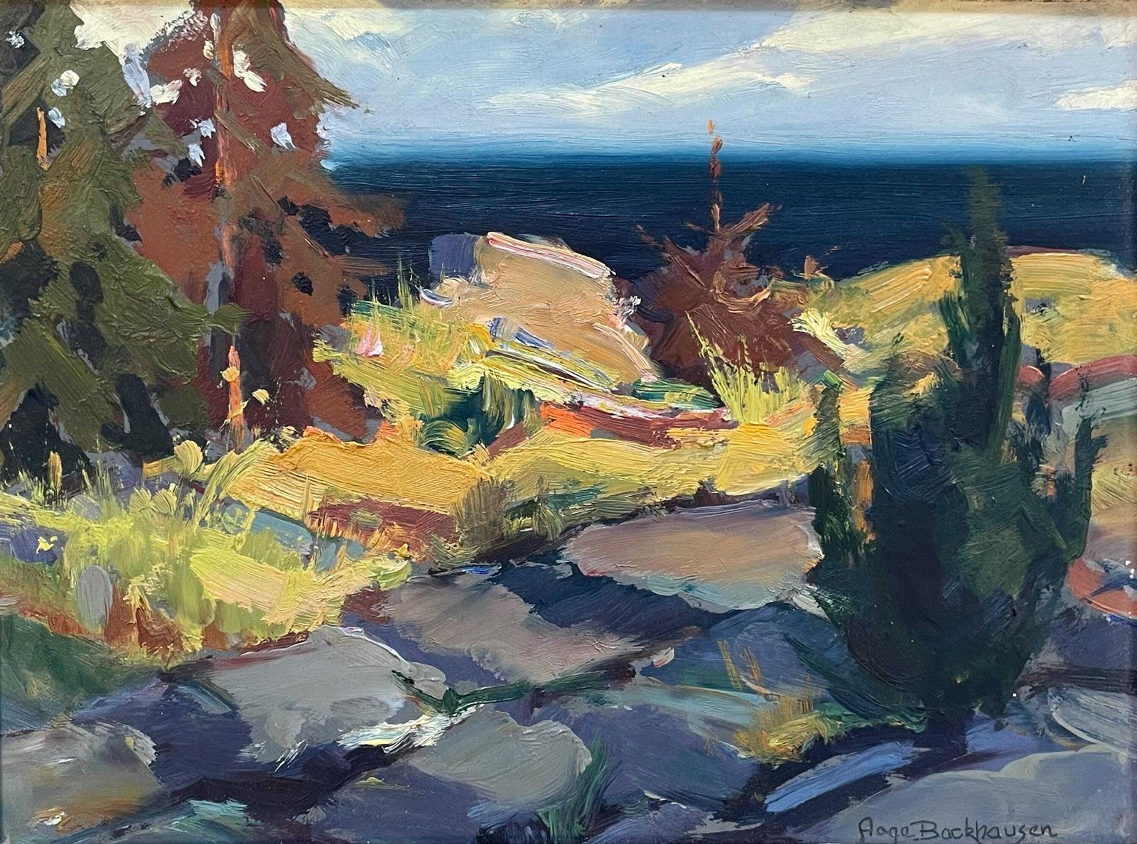 Vintage Mid 20th Century Original Danish Modern Vintage Oil Painting By Aage Backhausen Of Stone Path In A Landscape Setting With Ocean View photo furniture