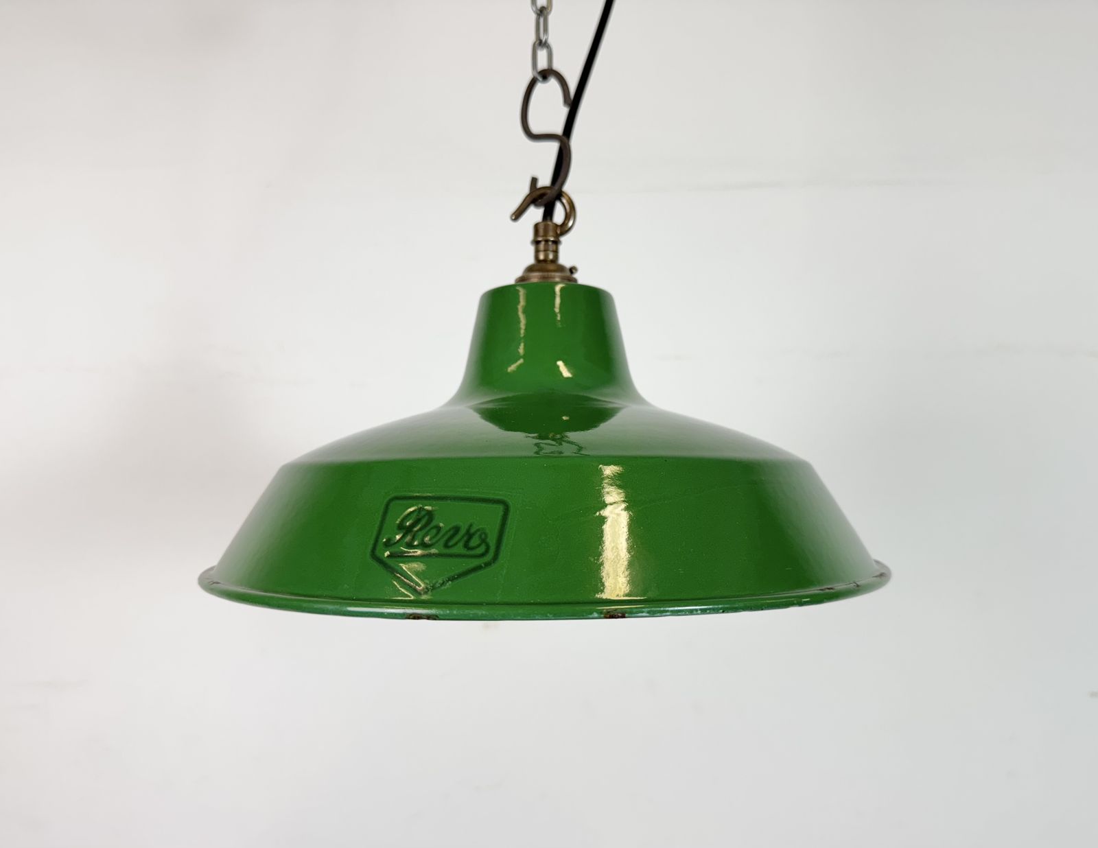 Industrial Green Enamel Factory Pendant Lamp From Revo, 1950s photo furniture