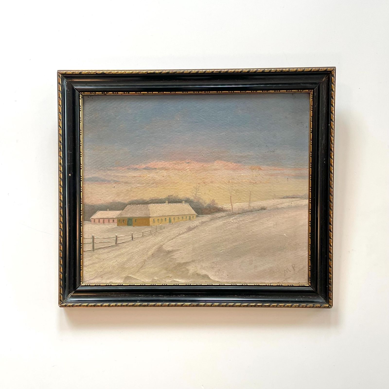 Antique Danish Signed Oil On Plate Painting With Motive Of Farm In A Winter Landscape