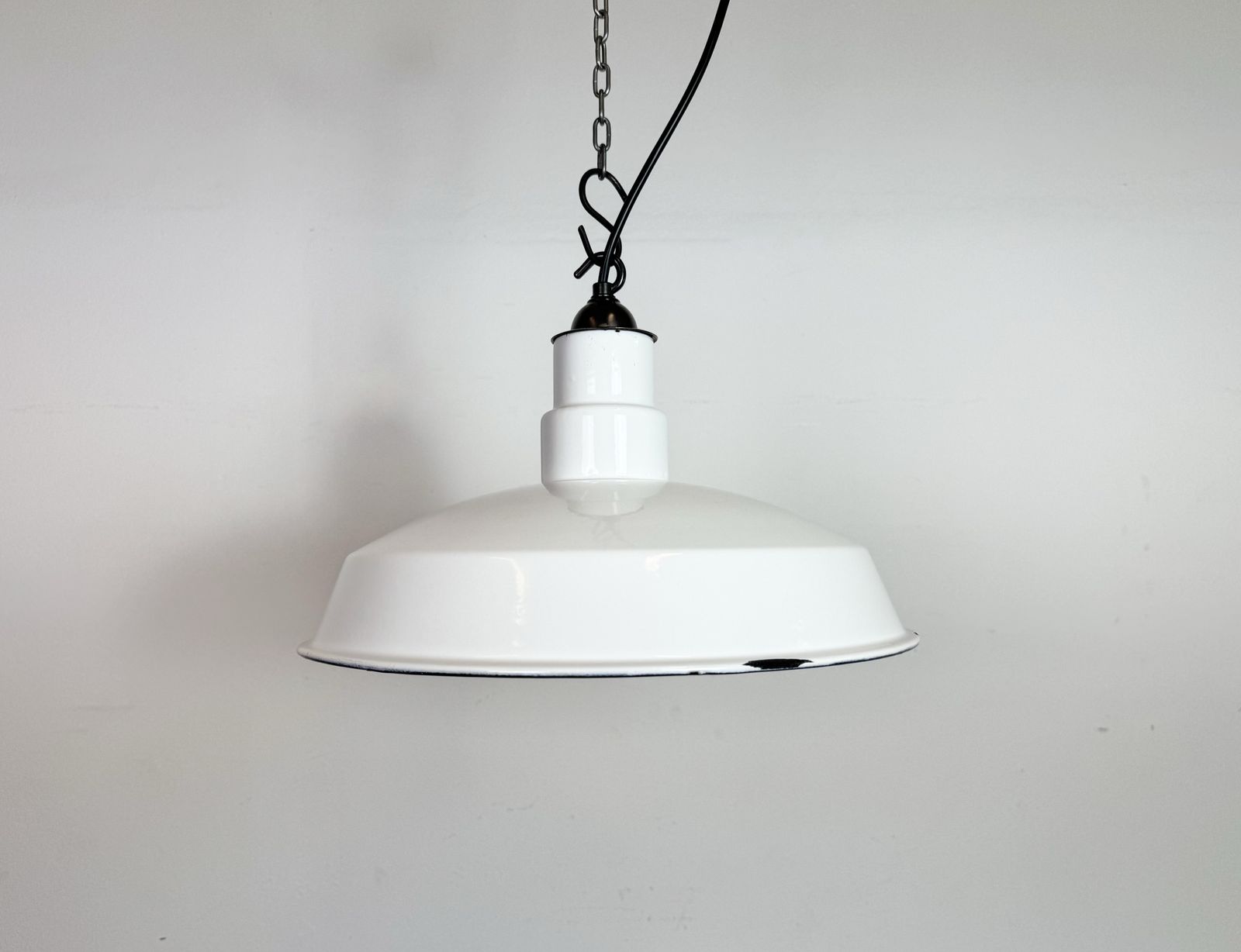 Industrial White Enamel Factory Pendant Lamp, 1960s, 4x photo for sale