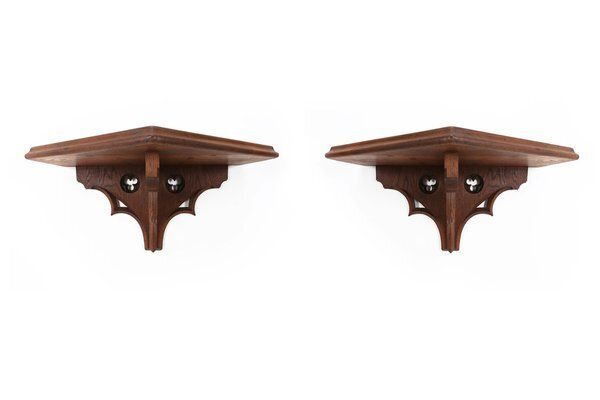 2046.0 Antique Carved Oak Church Wall Consoles, 1850, Set Of 2 photo