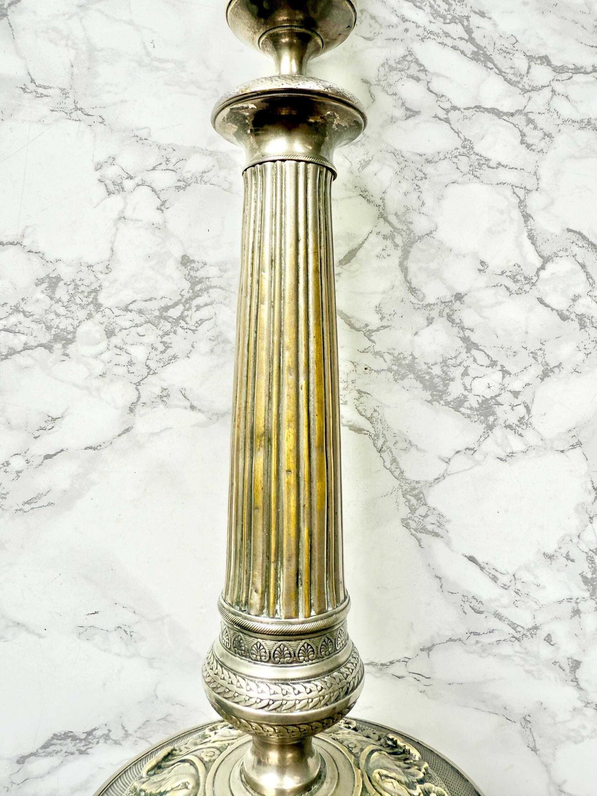 Pair Of Tall Silver Plated Bronze Candlesticks French Living Room Decor Candle Holders Antique Table Top Decor French Chateau Style Bourbon photo for sale