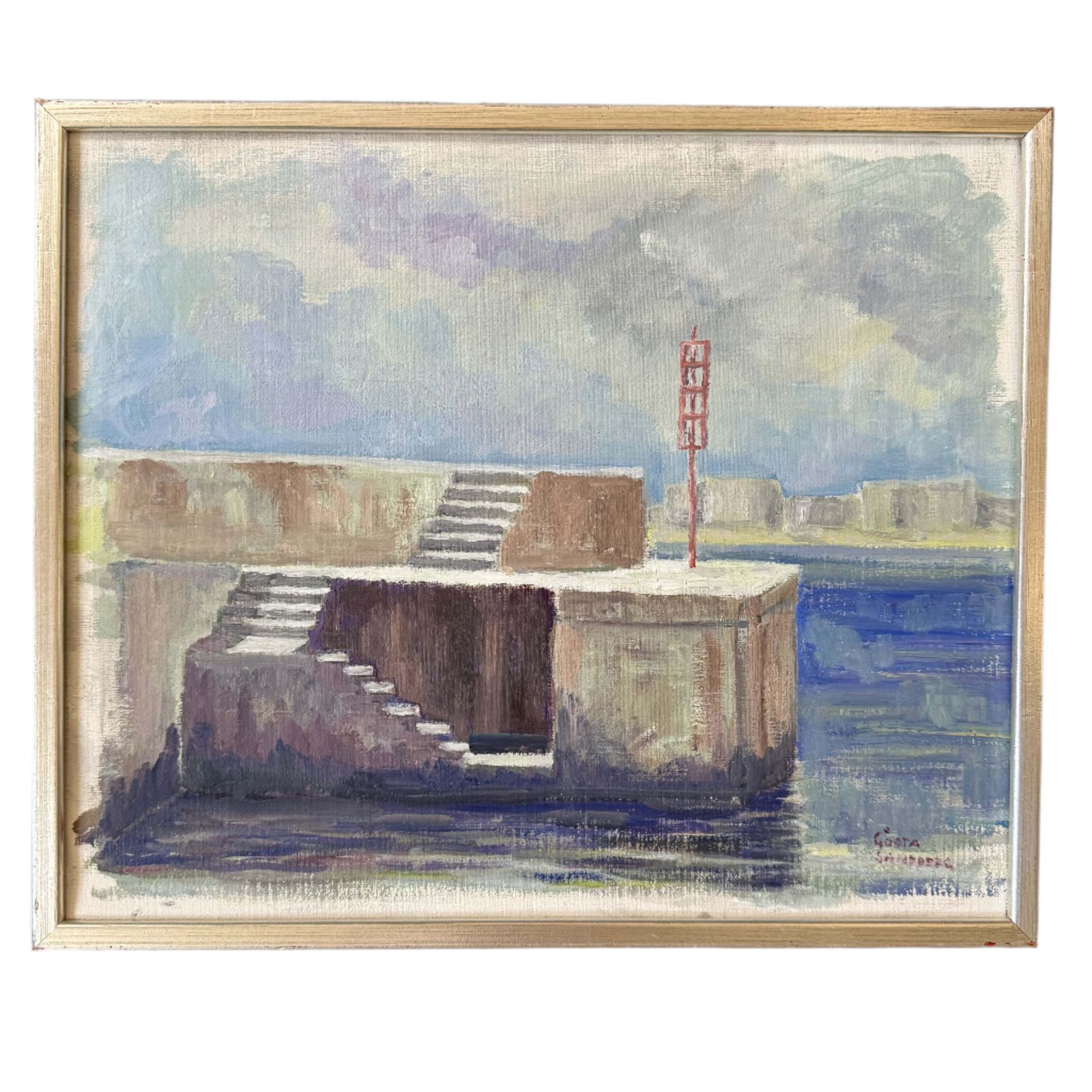 Harbour Pier In Numana, Italy. Vintage Swedish Artist Oil Painting.