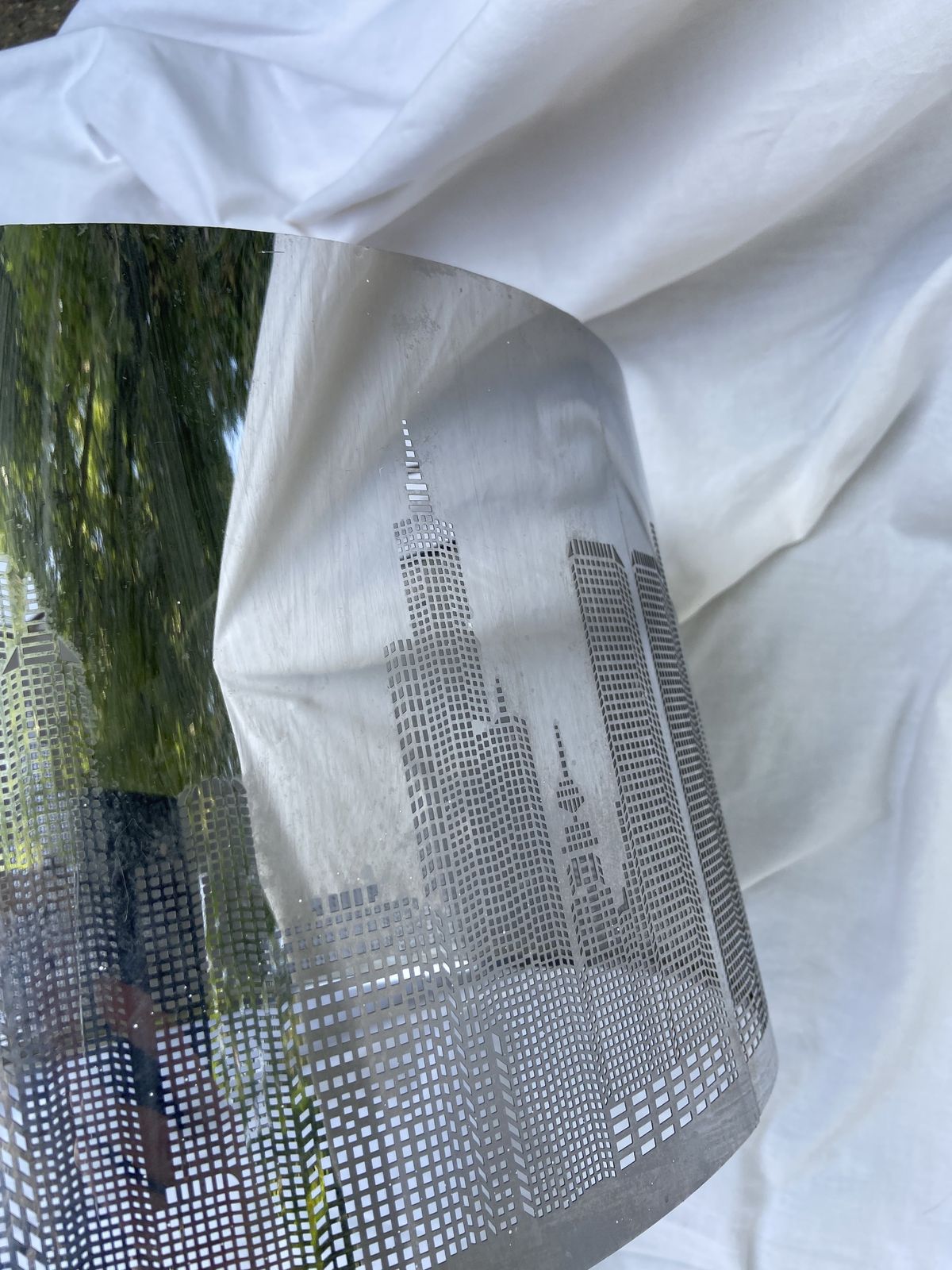 Gorgeous Vintage City New York Skyscrapers Steel Metal Mesh Lamp Shade In Silver In Good Condition From USA photo for sale