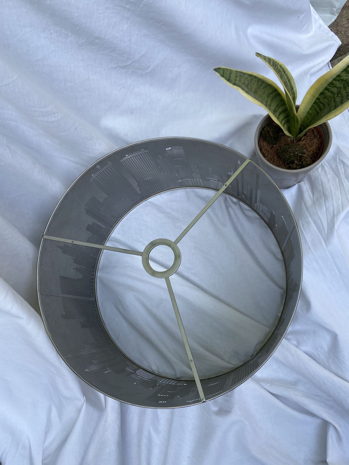 Gorgeous Vintage City New York Skyscrapers Steel Metal Mesh Lamp Shade In Silver In Good Condition From USA photo Lighting