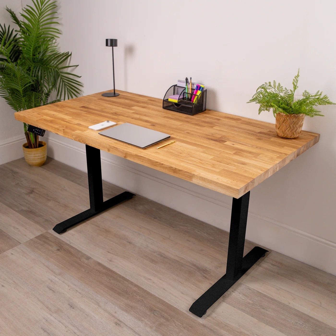 Domli Premium Dual Motor Black Standing Desk With Oak Solid Wood Desktop 1500mm X 800mm / 27mm / Oiled photo for sale