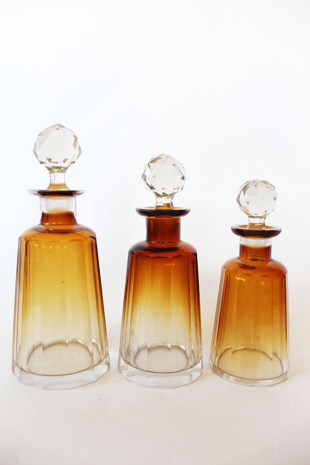 Set Of 3 French Antique C1930 Crystal Perfume Bottles, Art Deco Gradient Dark Amber To Clear, Faceted Cut, Art Glass, Unsigned photo for sale