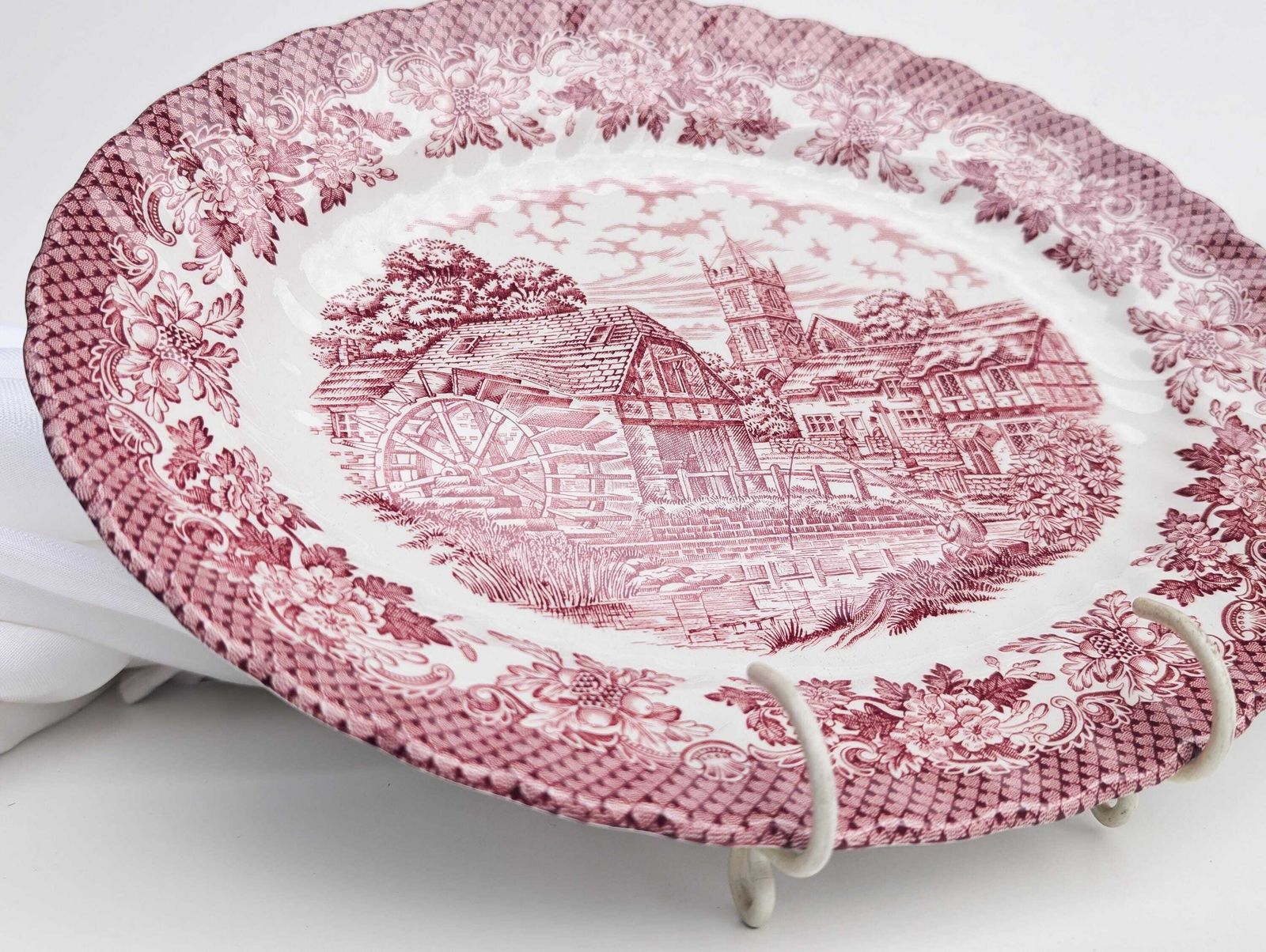 Pair Of Vintage Ironstone Merrie Old England Pink And White Transferware Fluted Platters #124 photo furniture
