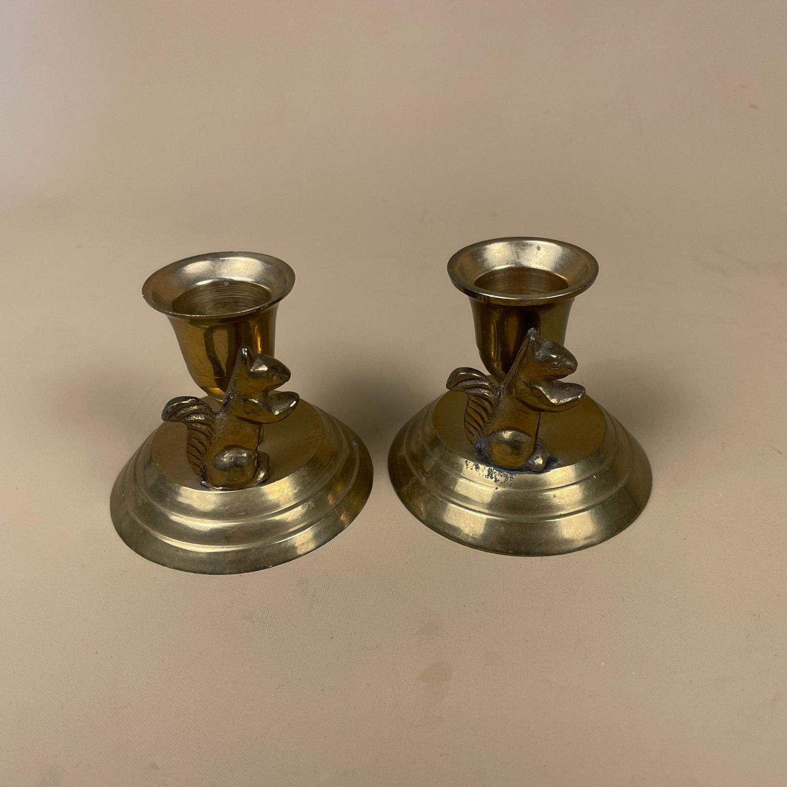 Antique Matching Pair Of Gold Brass Metal Squirrel Candlestick Candle Stick Vintage Round Base Taper Dinner Candlesticks
