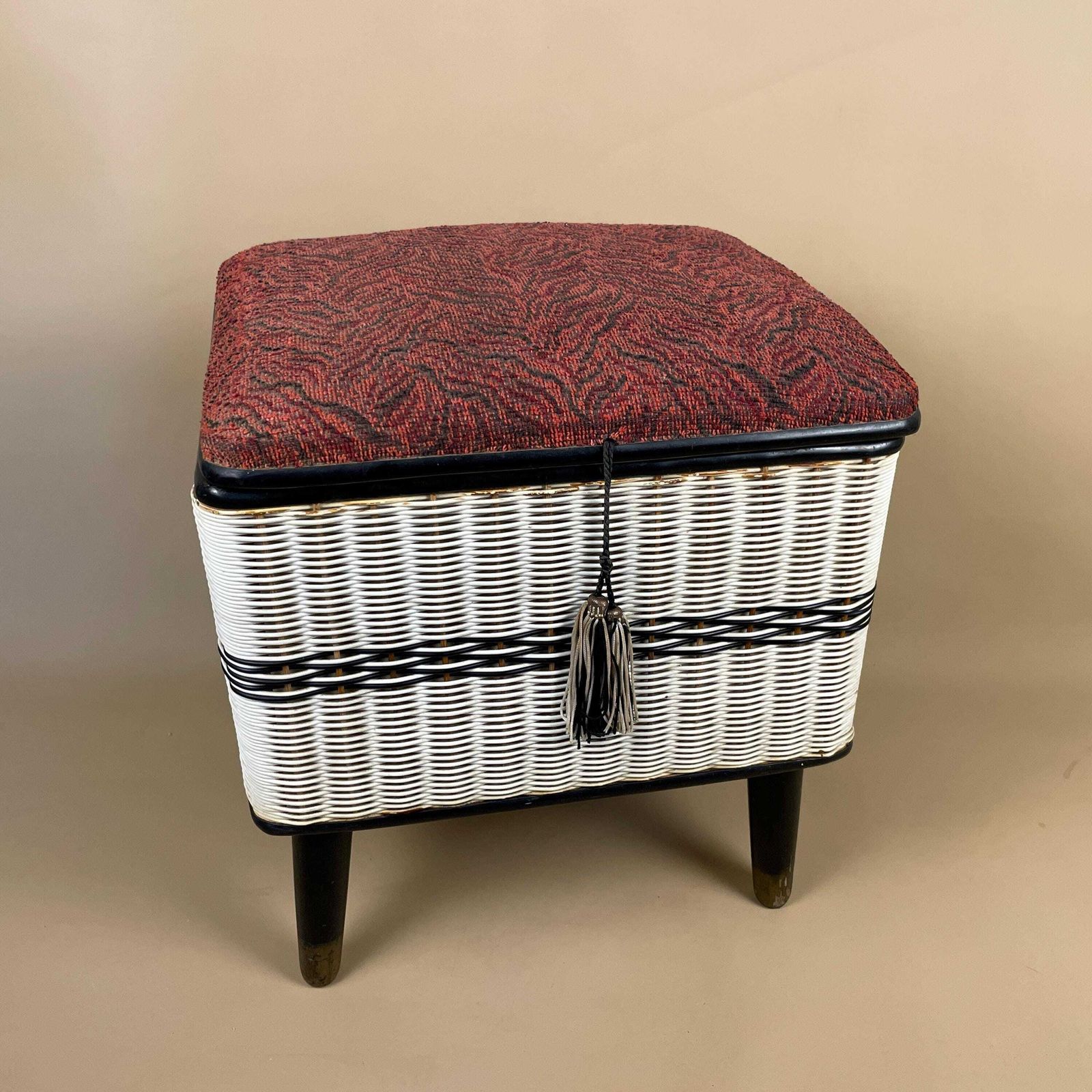 Vintage Sewing Box Black & White Wicker Wooden Legs Upholstered Red Top Small Retro Tassel Front Red Lining