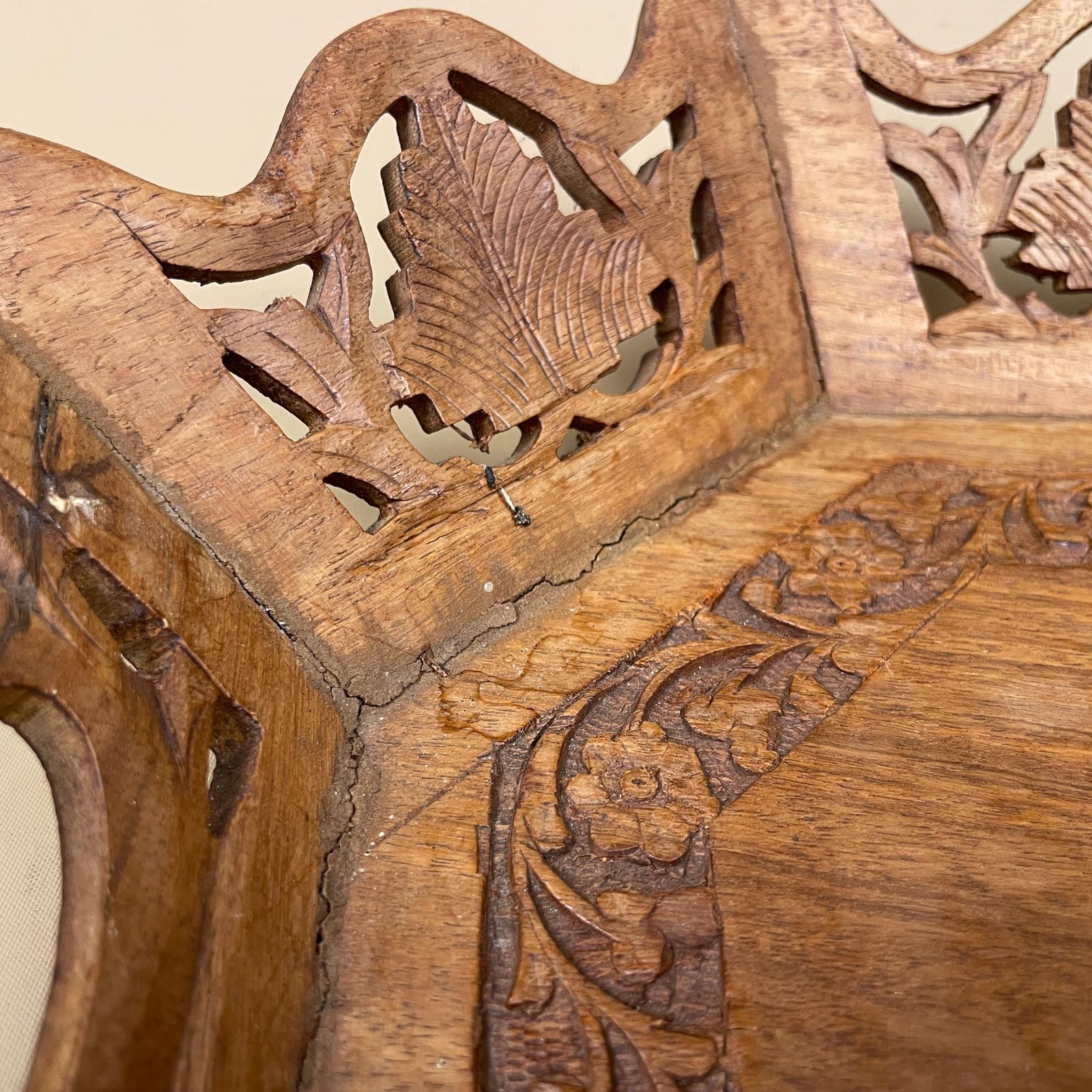 Antique Wooden Octagon Tray Rounded Edges Display Bowl Wood Hand Carved Intricate Detail Leaf Pattern Floral Cut Out Display 1970's photo vinterior