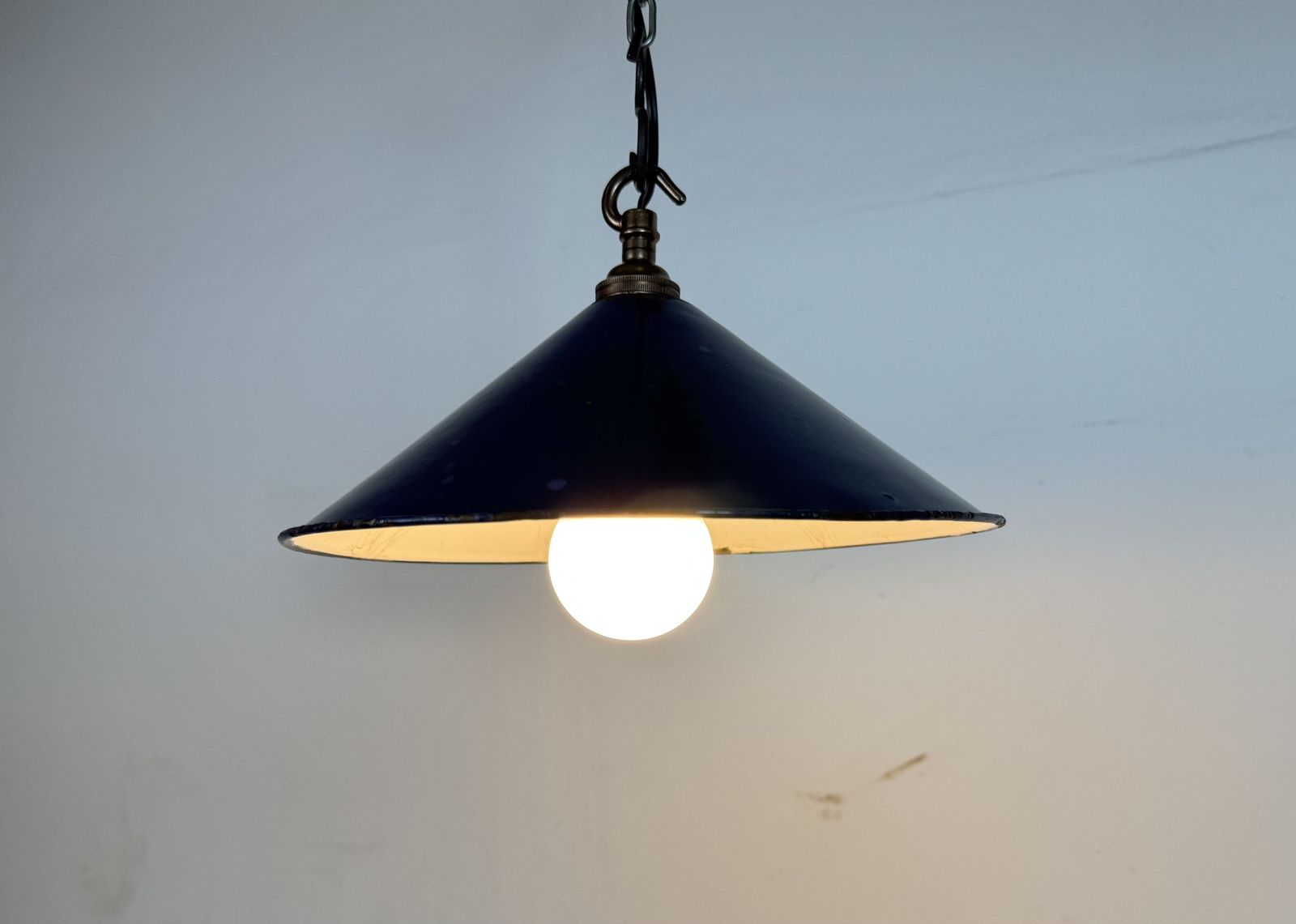 Industrial Dark Blue Enamel Factory Pendant Lamp, 1950s photo for sale