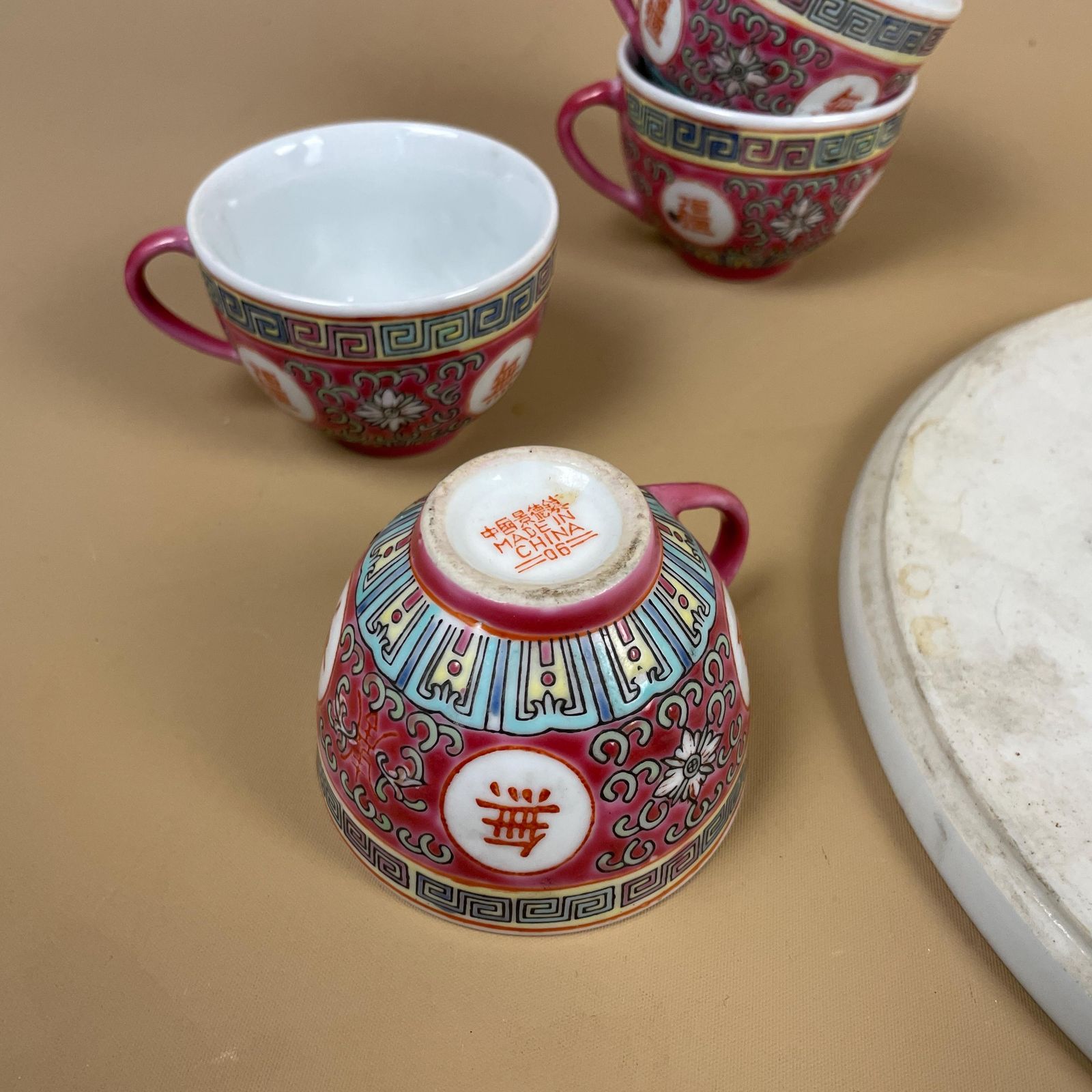 photo for sale Vintage Chinese Porcelain Tea Cup & Saucer Set Pink Oriental Four 4x Cups Decorative Kitchen Tea Set Asian