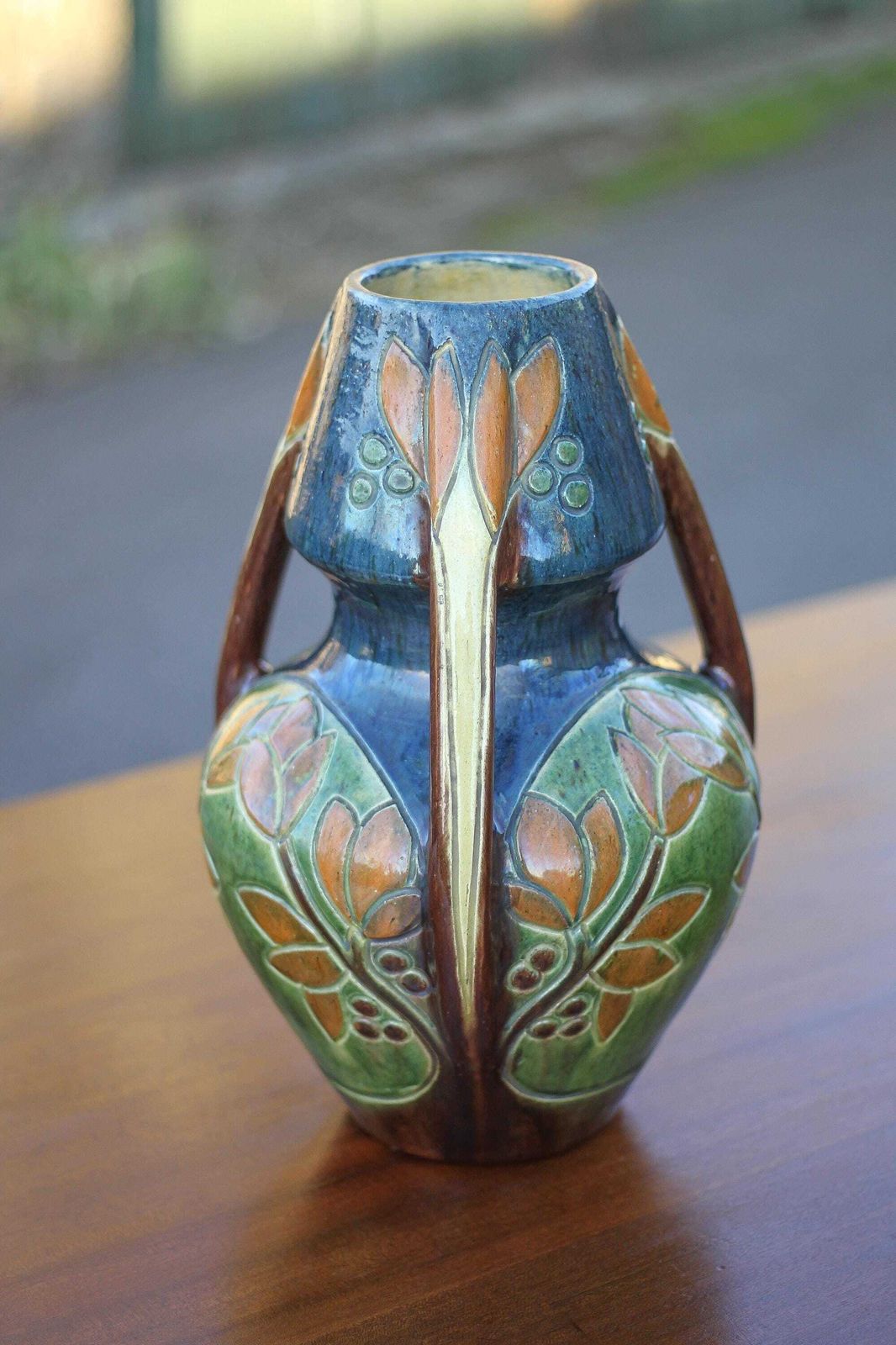 Large Art Deco Vase, Enamelled Terracotta Vase With Floral Motifs, Vase With Tripod Handles, Collection photo for sale