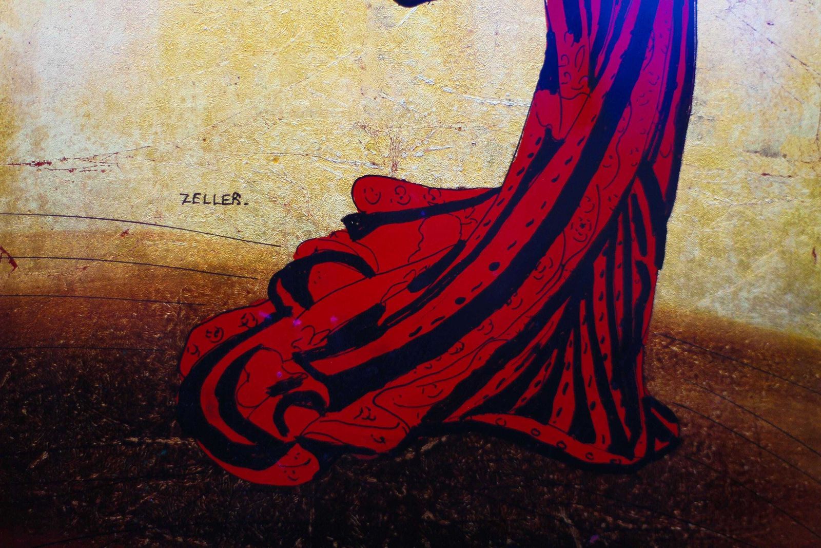 Painting Signed Zeller Michel, Wall Framed, Lacquer And Gold Leaf, Asian Geisha Motif, Collection photo vinterior
