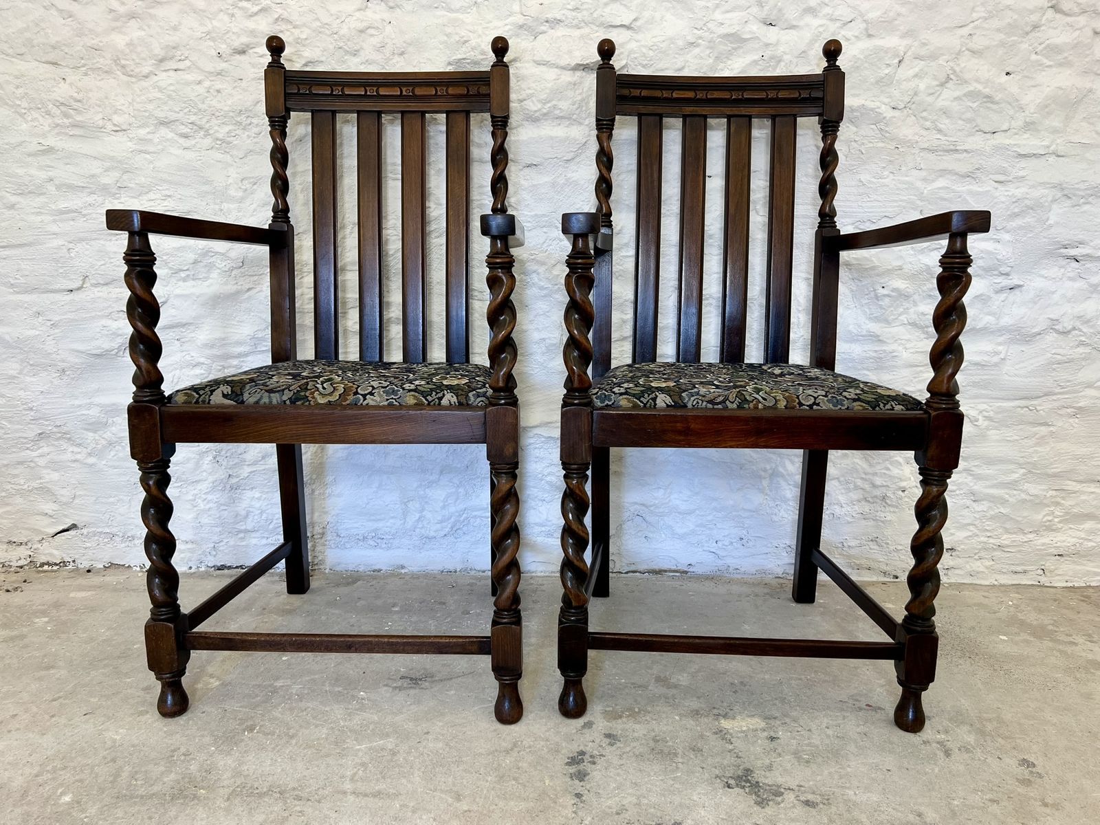 Antique Pair Of Victorian Edwardian Oak Barley Twist Armchairs Ocassional Chairs photo furniture