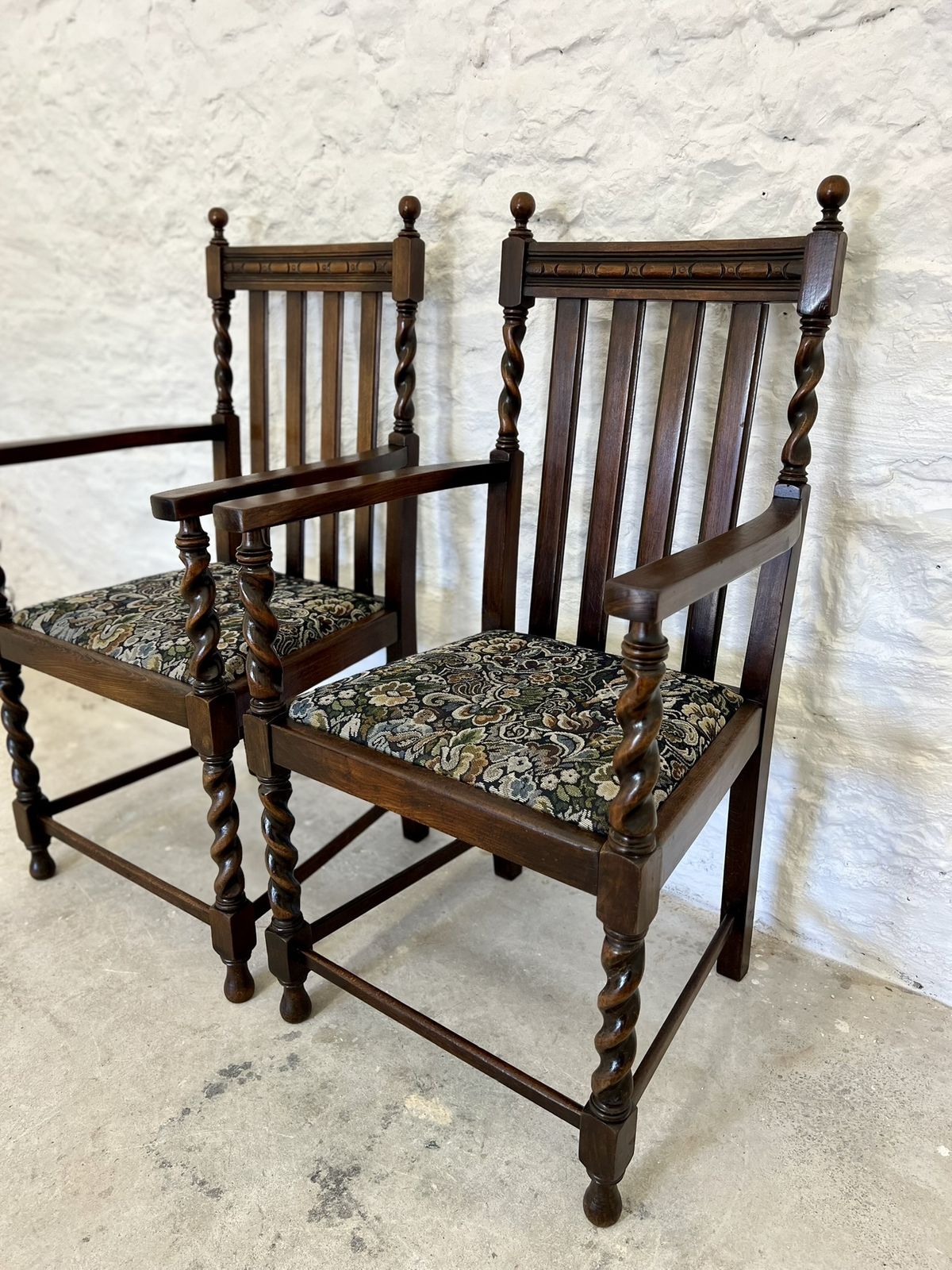 Antique Pair Of Victorian Edwardian Oak Barley Twist Armchairs Ocassional Chairs photo for sale