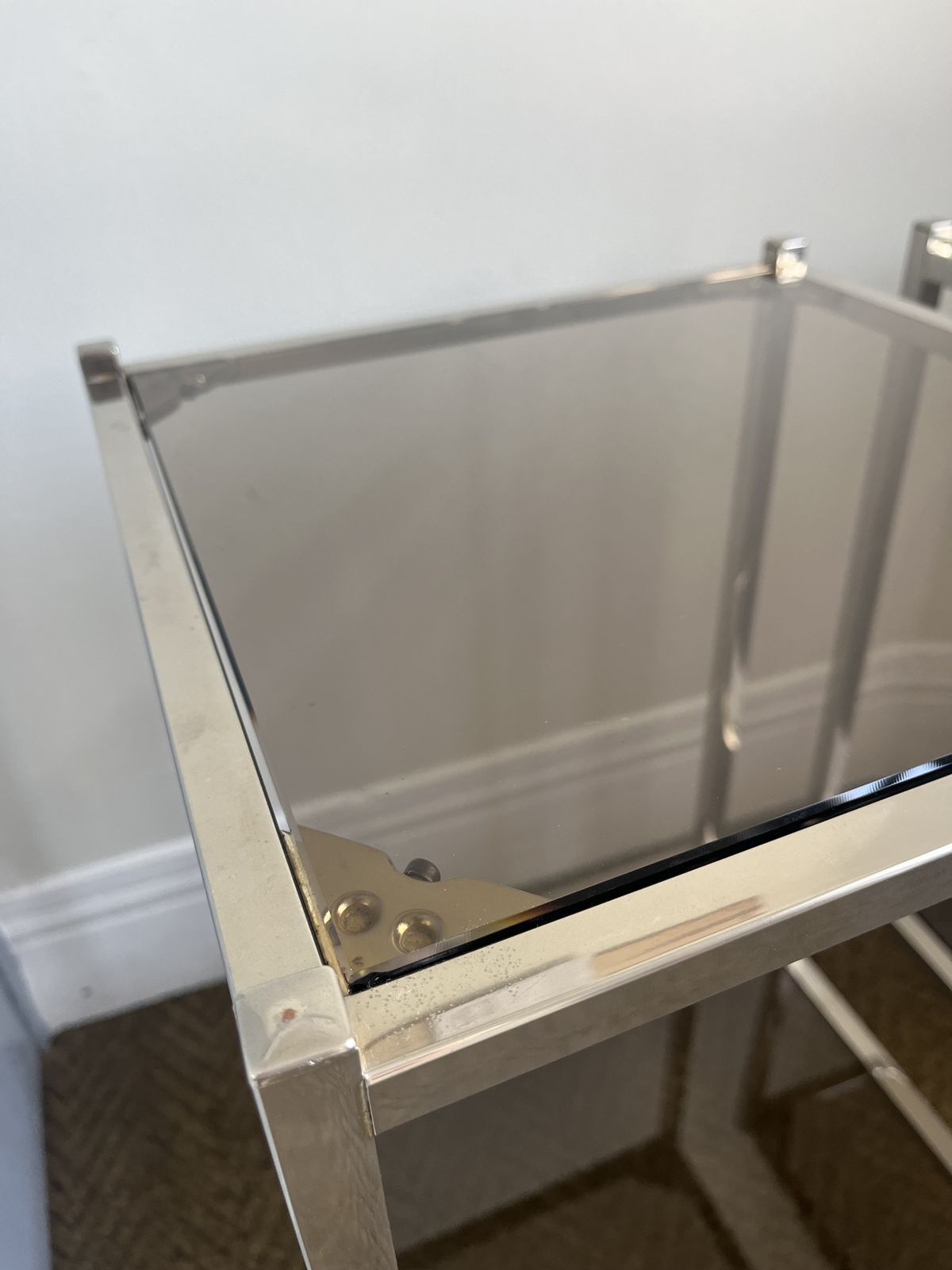 Pair Of Modernist Chrome & Smoked Glass Two Tier Side Tables Circa 1970 photo buy