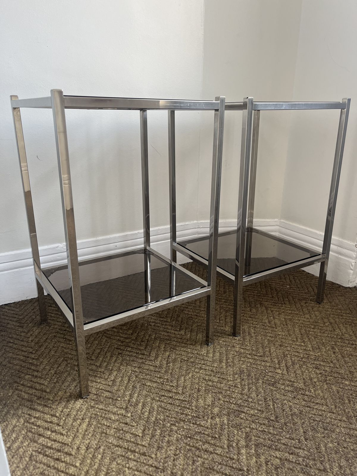 Pair Of Modernist Chrome & Smoked Glass Two Tier Side Tables Circa 1970 photo vinterior