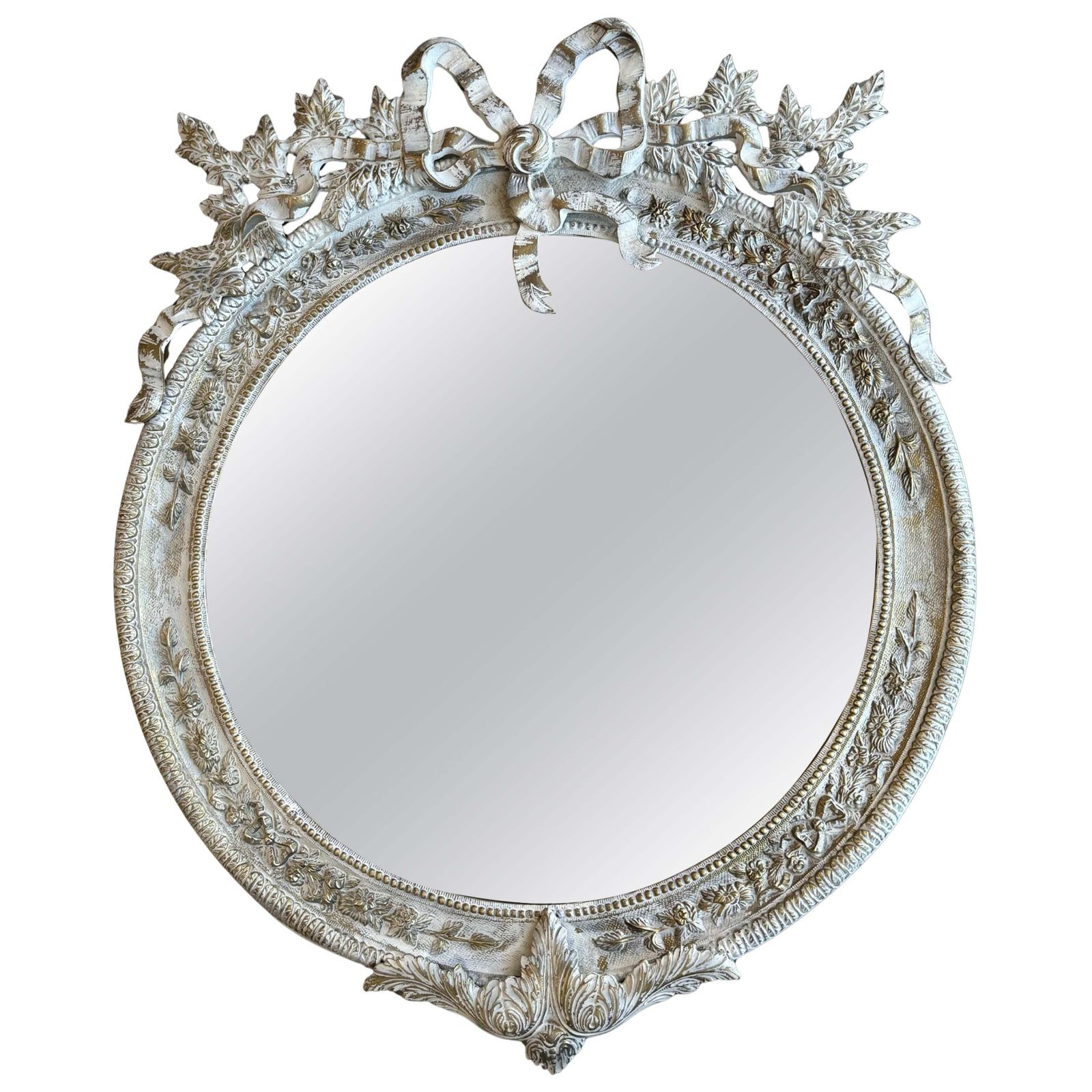 Round French Rococo Gilted & White Bronze Wall Mirror