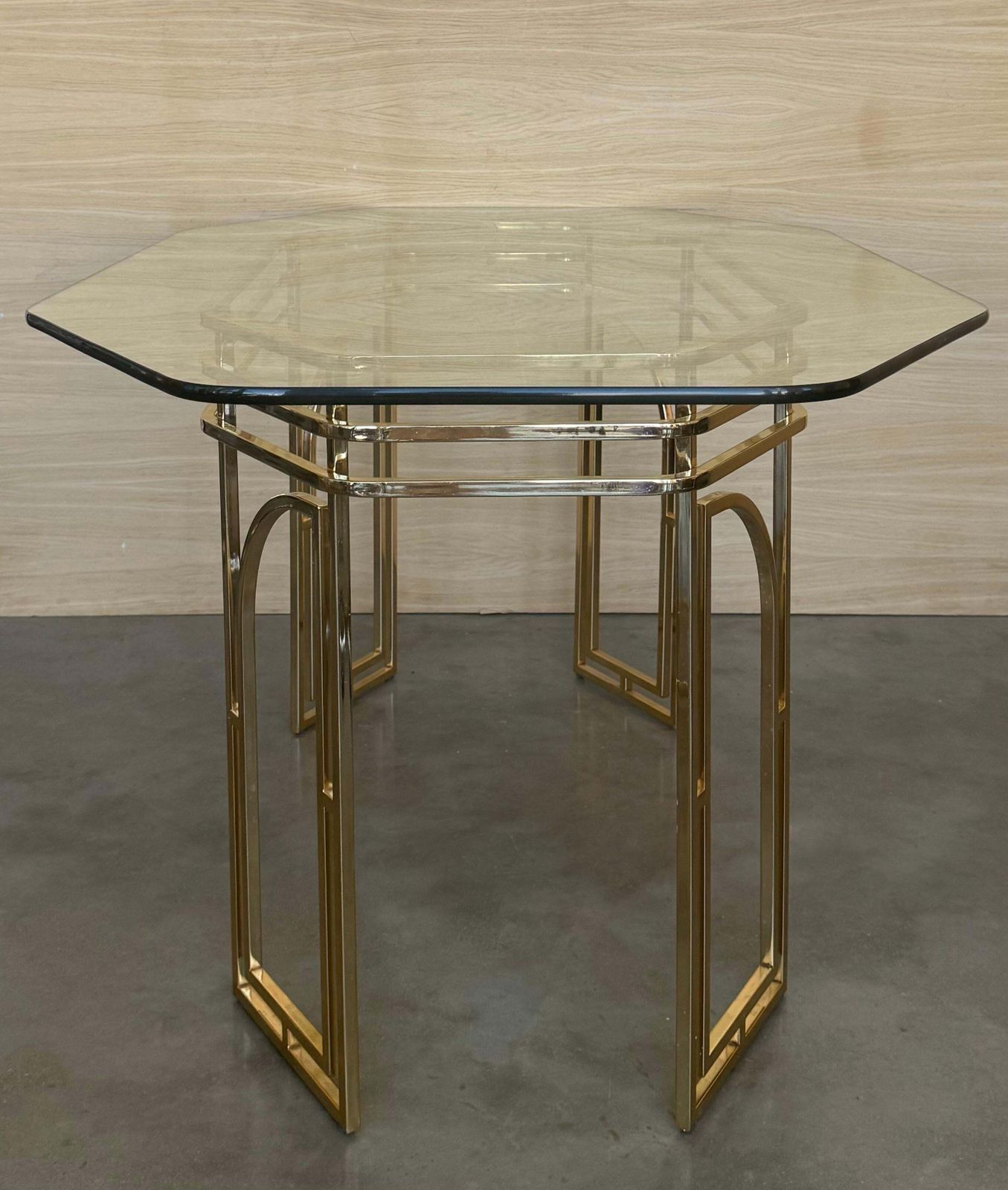 Furniture Mid Century Modern Italian Geometrical Brass Dining Table With Glass Top photo