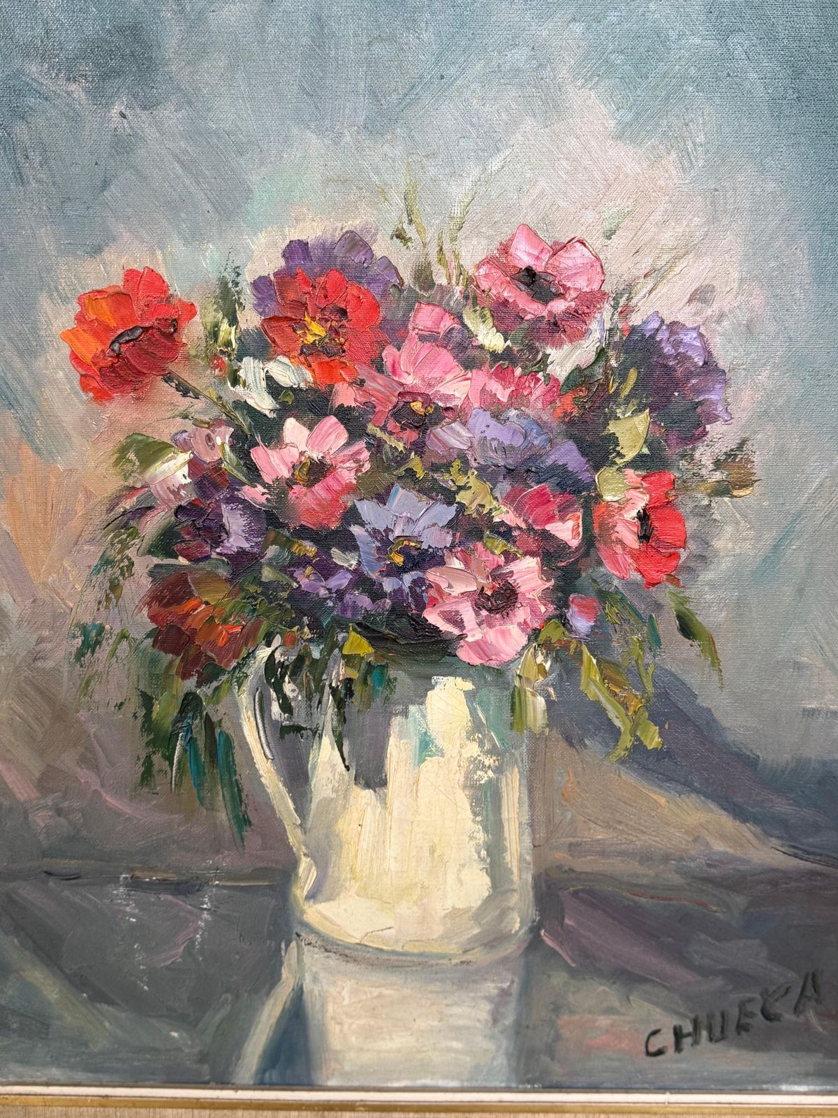 Peinture à l'huile sur toile, fleurs espagnoles, XXe siècle, signée Chueca photo furniture