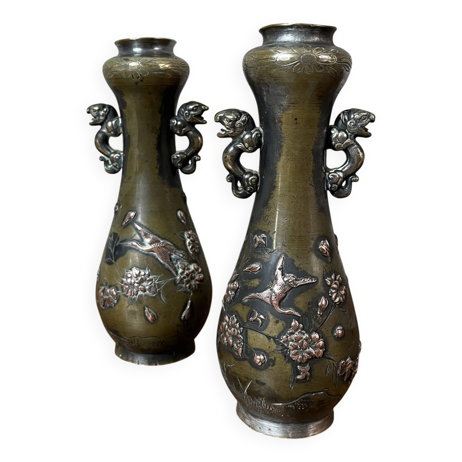 Pair Of Bronze Vases   Asian Motifs In Relief In Copper