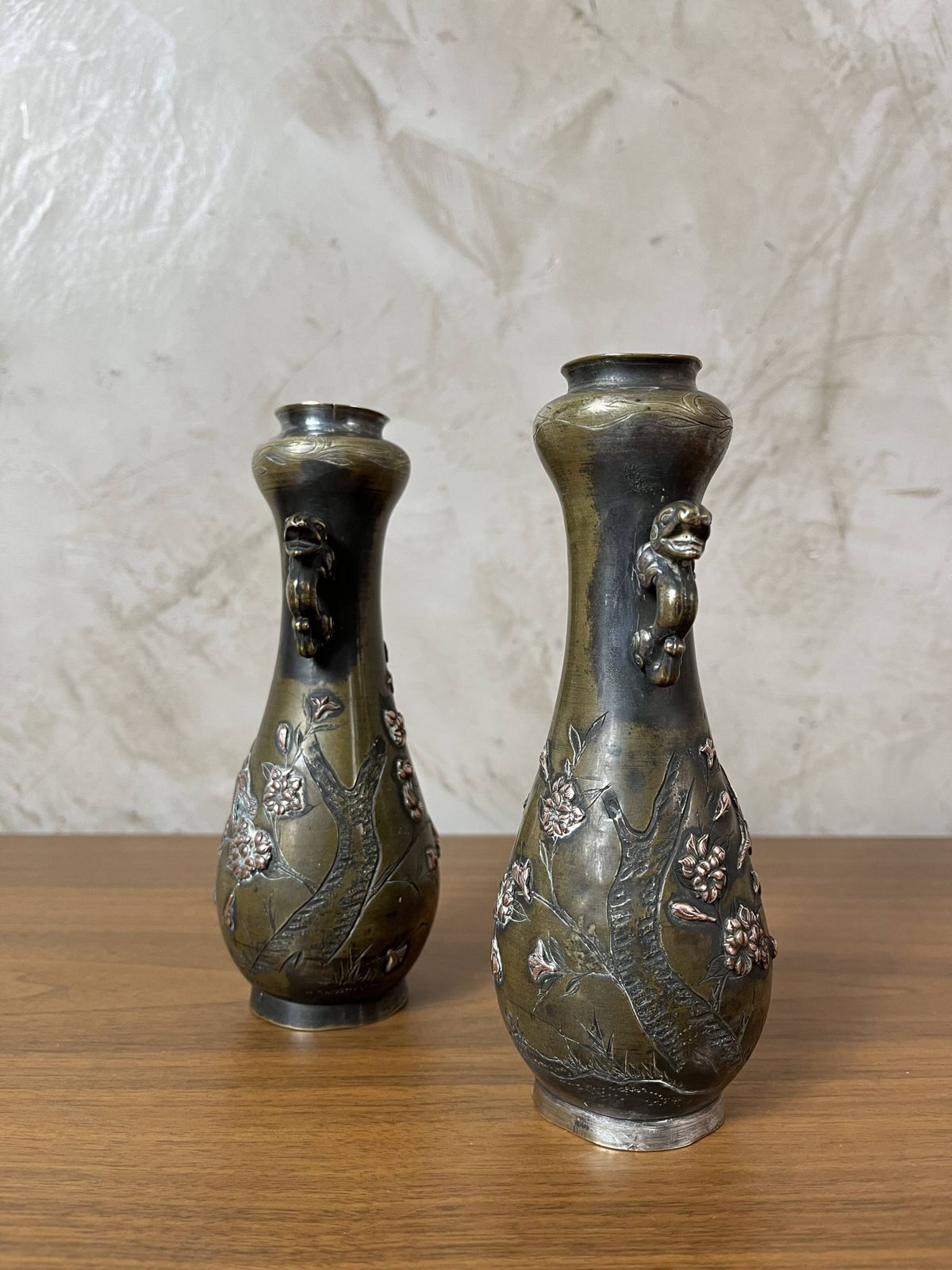 Pair Of Bronze Vases   Asian Motifs In Relief In Copper photo Home Decor
