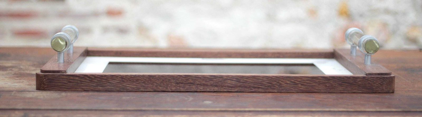 Art Deco Wooden Tray, Wooden Tray With Glass Handles, Breakfast Tray, Serving Tray, Wooden Tray photo for sale