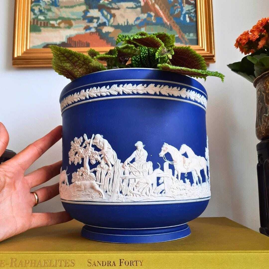 Antique Adams Pottery Staffordshire Jasperware Planter With Hunting Dogs And Horses Scenes And Neoclassical Border Of Leaves H 7.7'' photo for sale