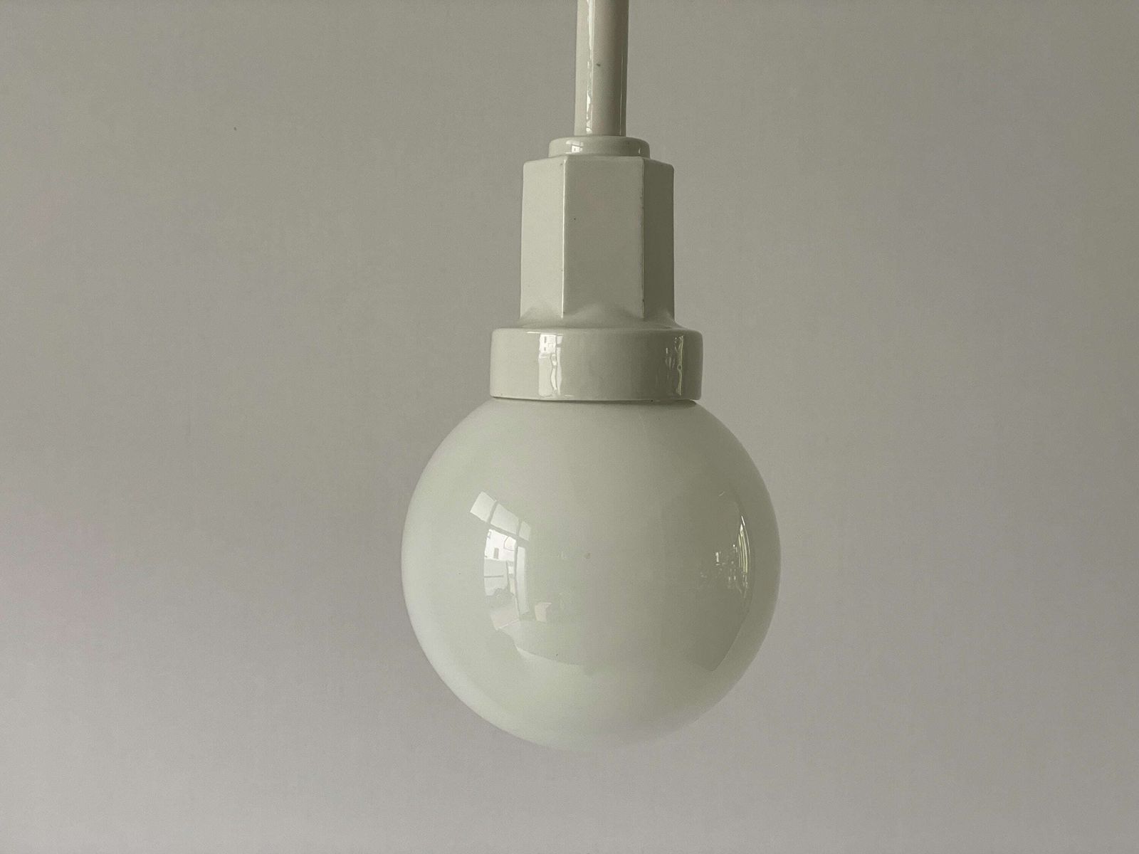 Art Deco Glass Ball And White Ceramic Body Pendant Lamp, 1960s, Italy photo furniture