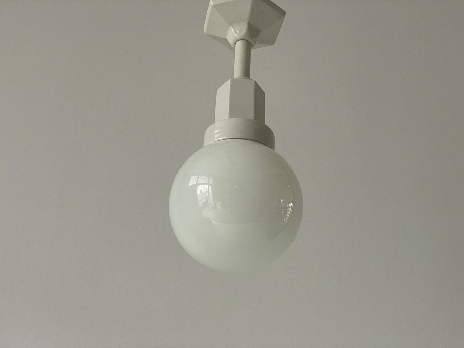Art Deco Glass Ball And White Ceramic Body Pendant Lamp, 1960s, Italy photo Lighting