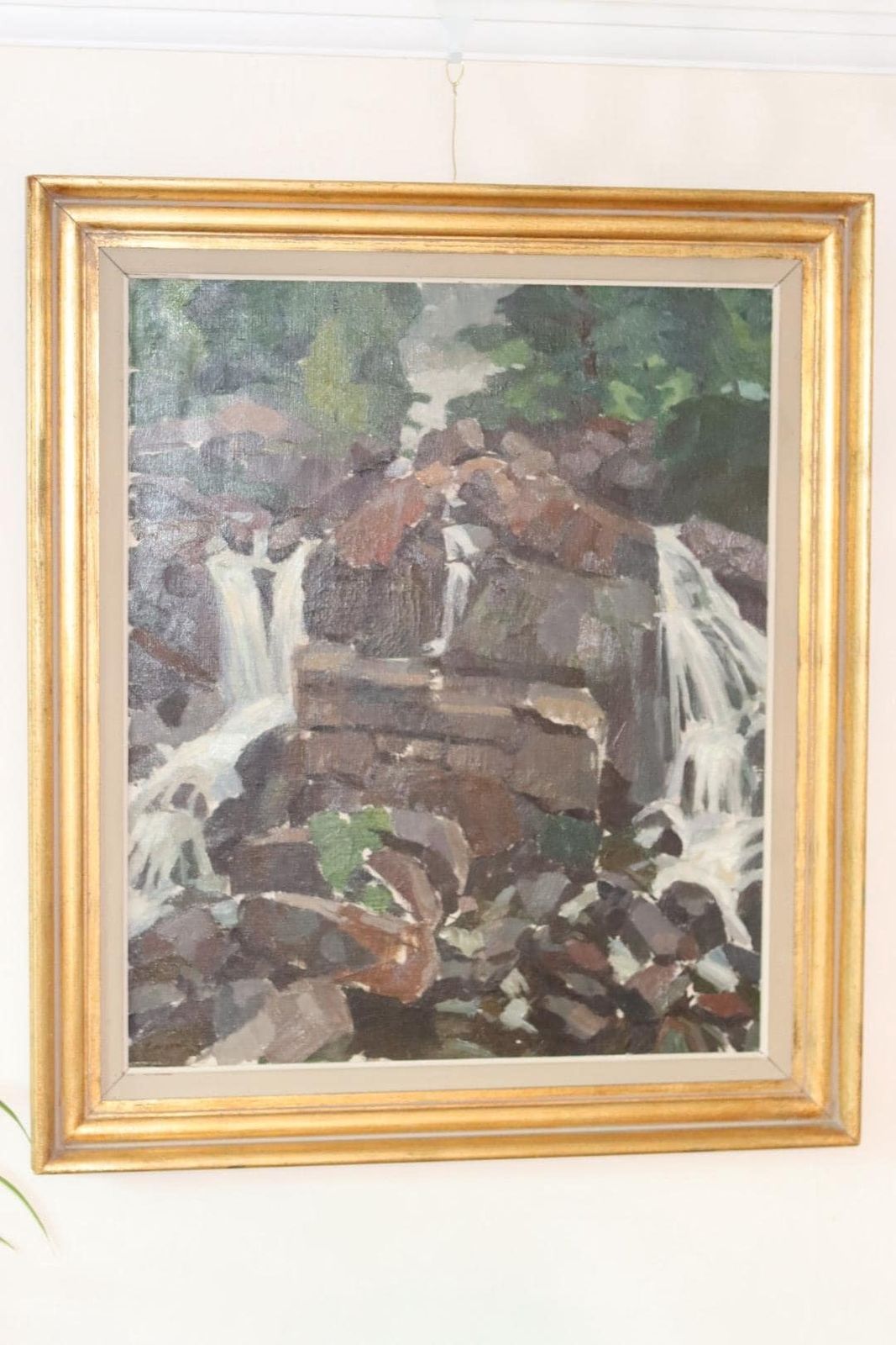 Mid Century Original Scandinavian Oil On Canvas "Cubist Waterfall" – Larson – Vintage, 58 X 68 Cm / 22.8 X 26.8 In photo furniture