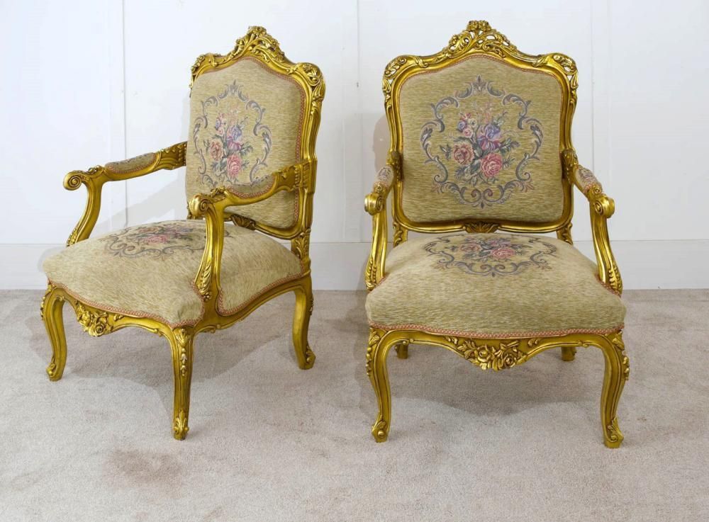 Pair French Gilt Chairs Antique Fauteuils photo vinterior