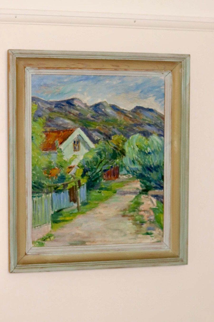 Mid Century Original Oil On Panel "House In The Mountains" –  Vintage & Framed, 57 X 67 Cm / 22.4 X 26.4 In photo furniture