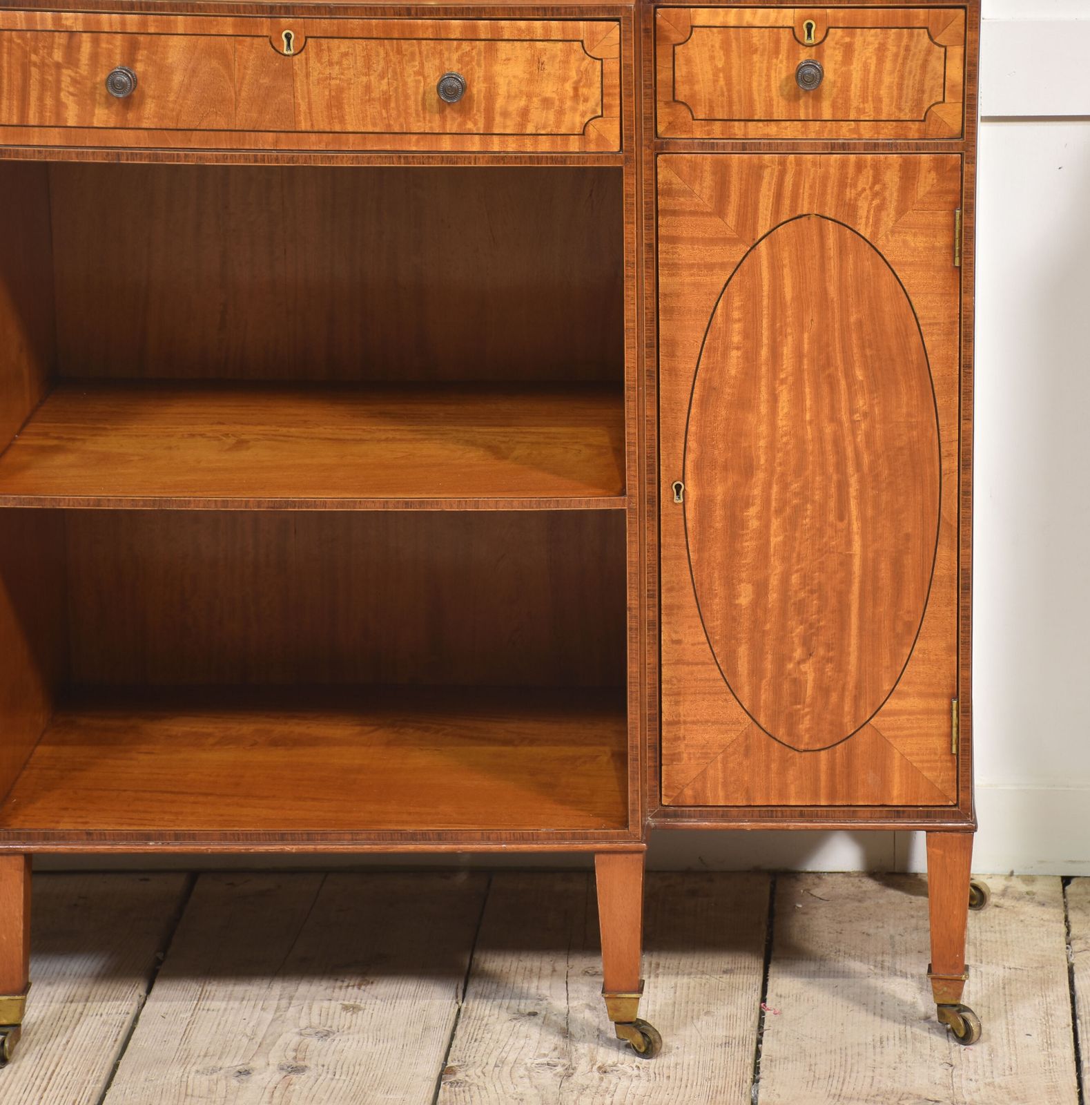 Pair Of Satinwood Crossbanded Open Breakfront Waterfall Bookcases photo vinterior