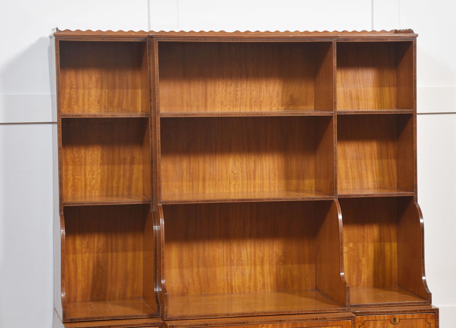 photo furniture Pair Of Satinwood Crossbanded Open Breakfront Waterfall Bookcases