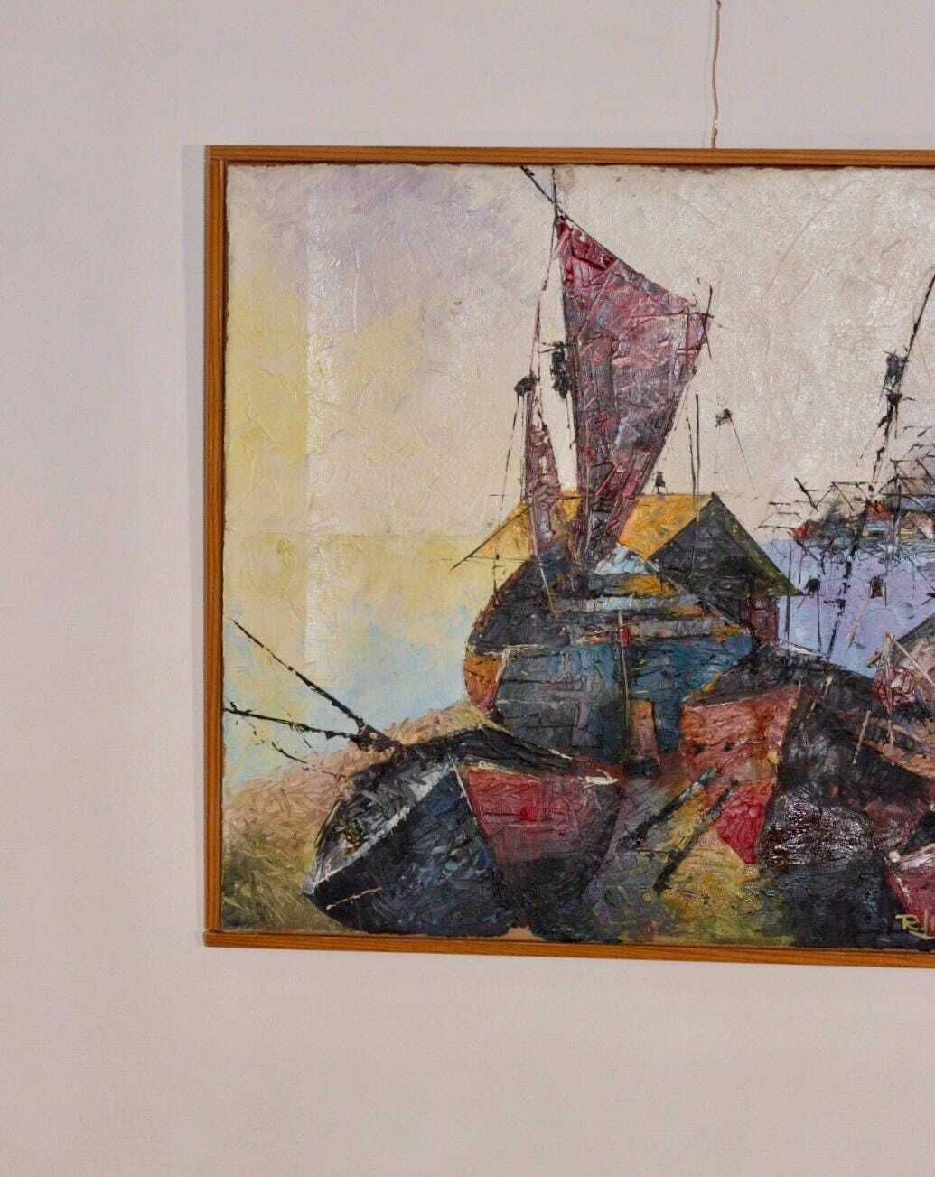 Mid Century Original Swedish Oil On Canvas "Boats And Houses" – R. Lindstedt – Vintage & Framed, 43 X 53 Cm / 16.9 X 20.9 In photo furniture