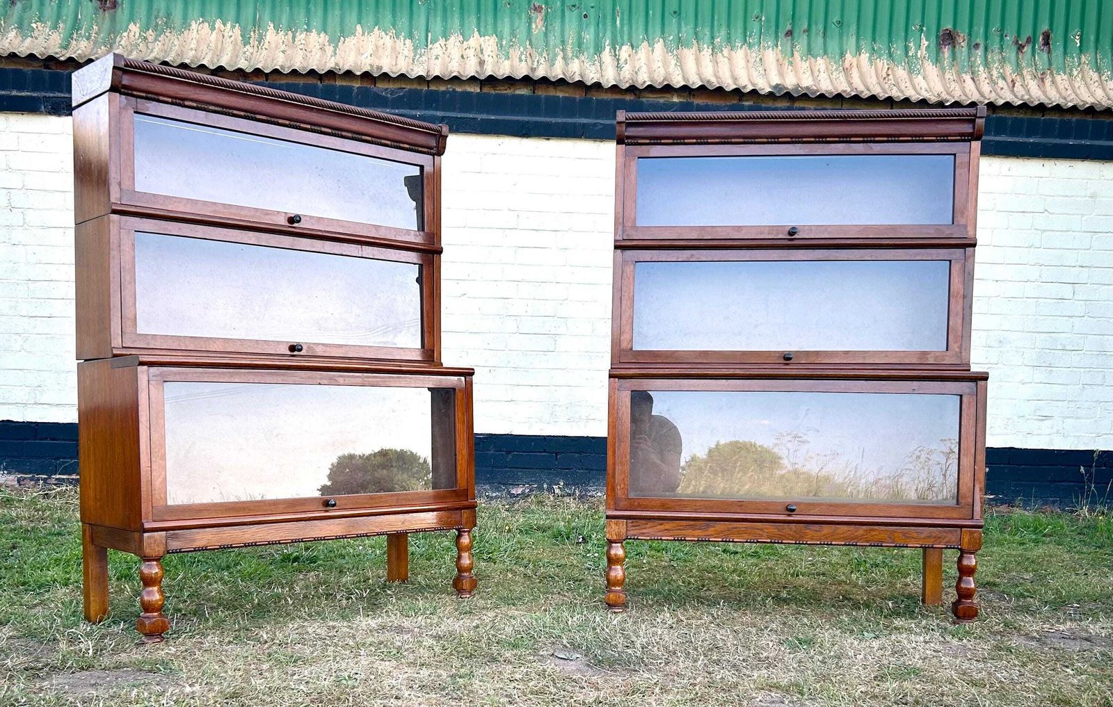 Pair Of Oak Three Tier Vintage Bookcase Cabinet Wooden Desk Drawer Solicitors Antique Industrial Stacking Haberdashery Library photo furniture
