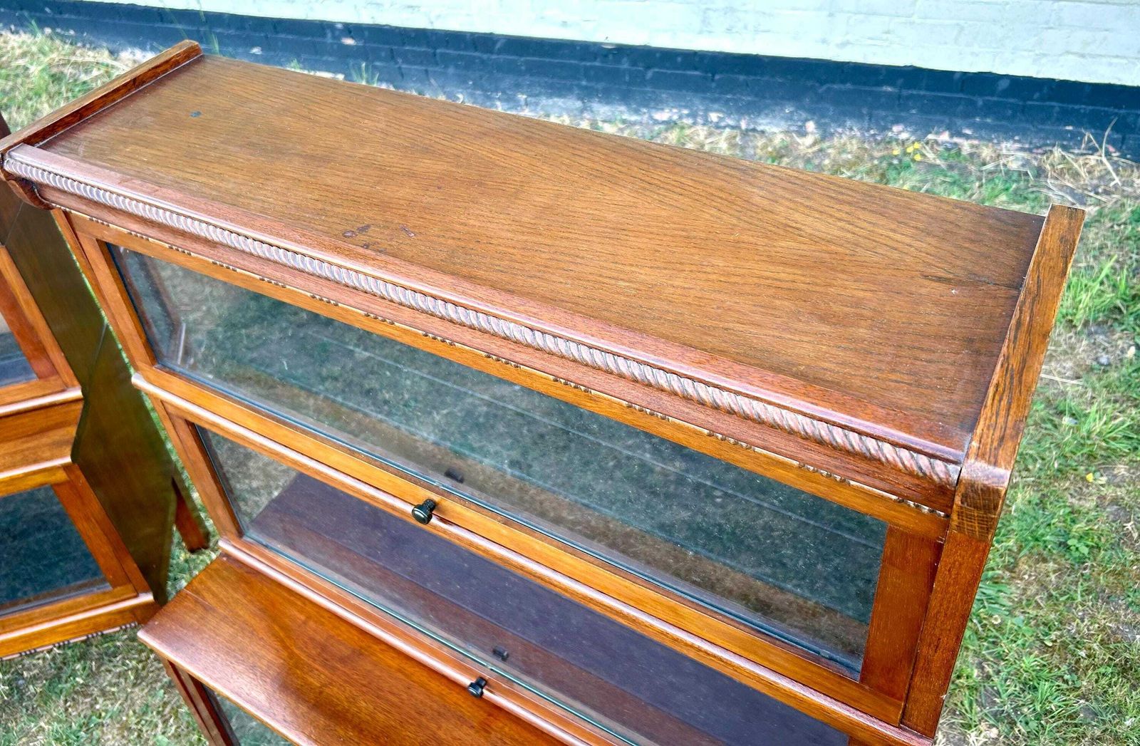 Pair Of Oak Three Tier Vintage Bookcase Cabinet Wooden Desk Drawer Solicitors Antique Industrial Stacking Haberdashery Library photo vintage
