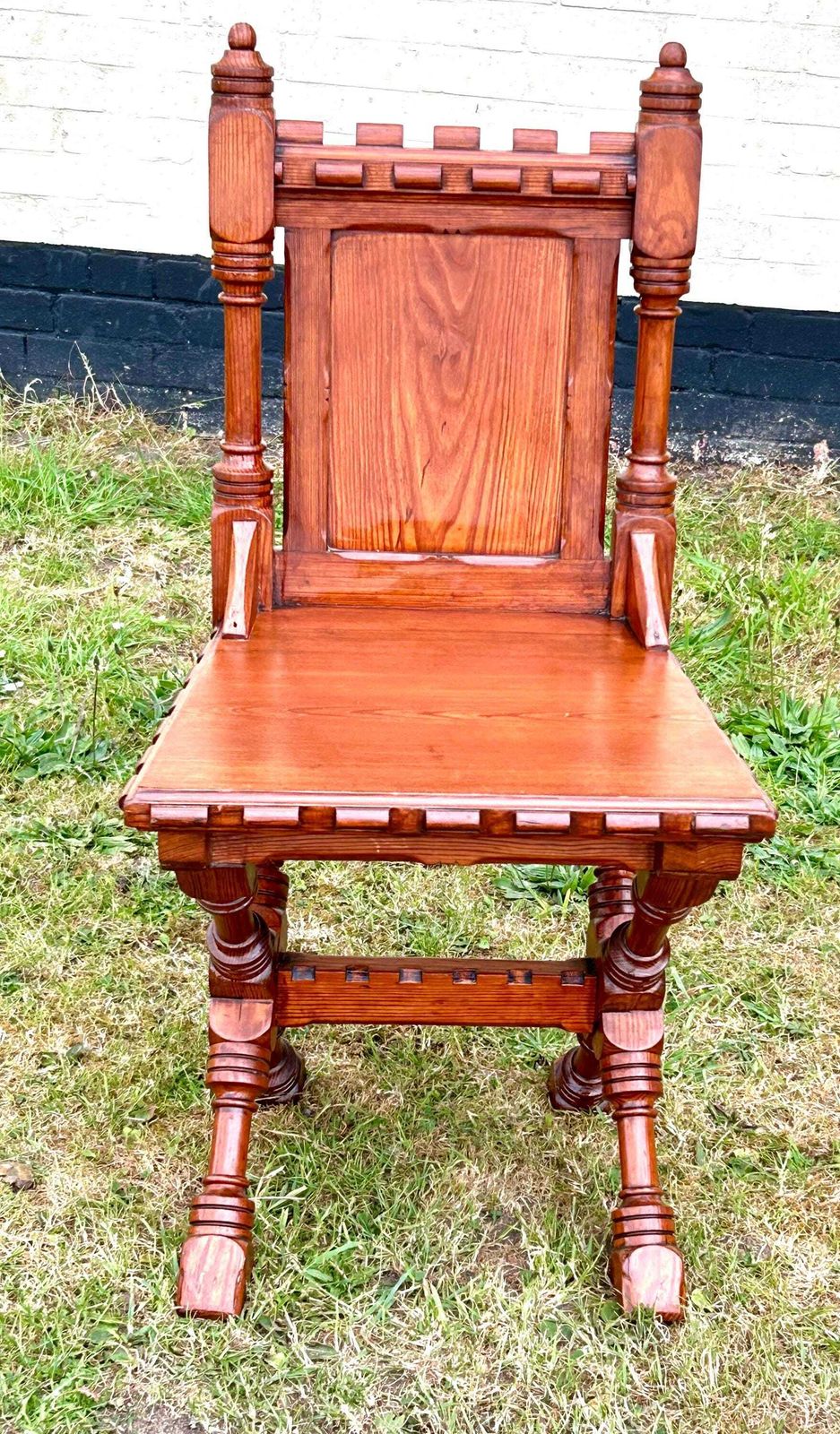 Antique Pitch Pine Hall Chair Gothic Church Wooden Hall Vintage Industrial Seating Arts And Crafts Victorian photo for sale