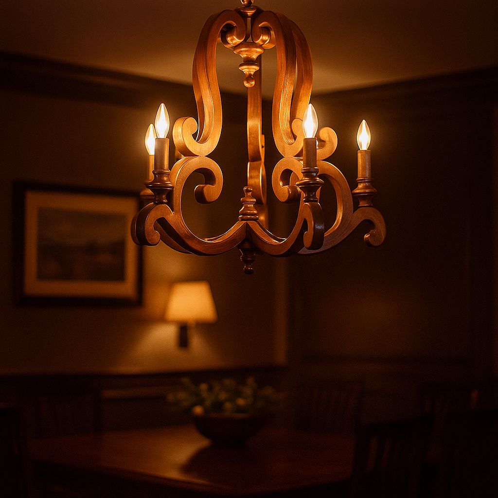 Vintage Indian Hand Carved Wooden Chandelier | Early 1900s Solid Teak With Scroll Arms photo Lighting