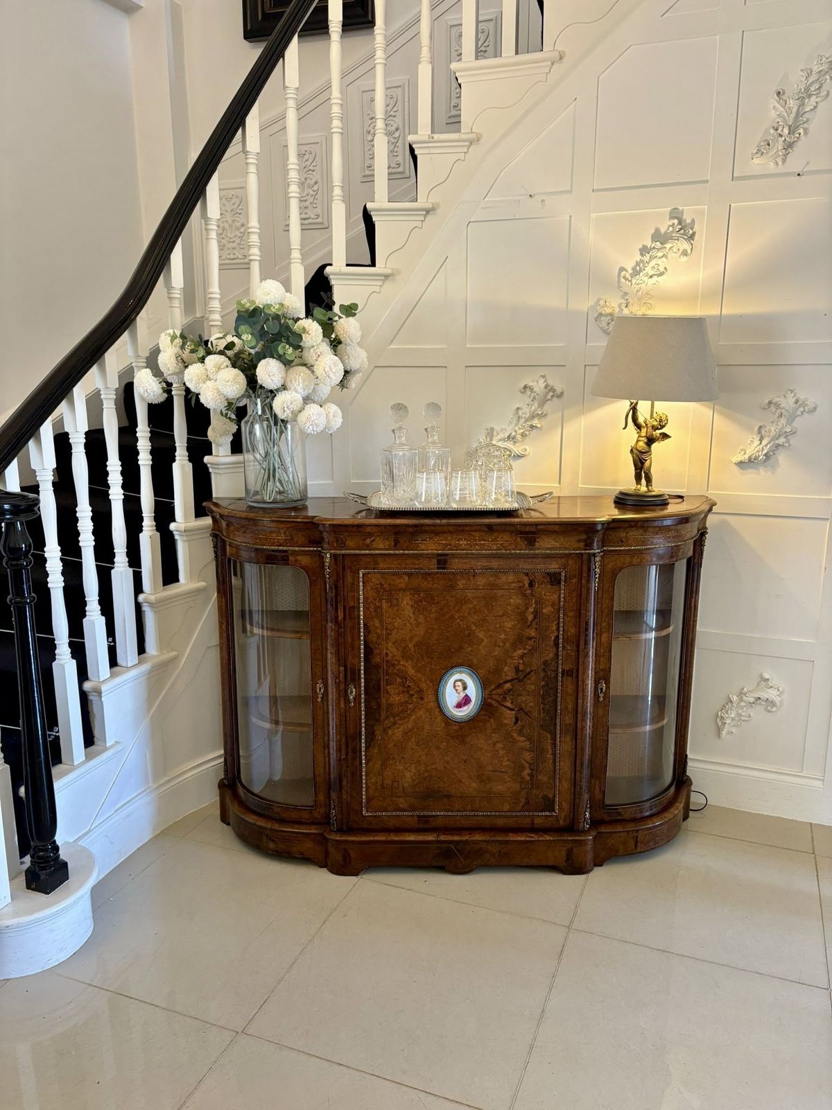 Outstanding Quality Antique 19th Century Inlaid Burr Walnut Porcelain Mounted Credenza photo for sale